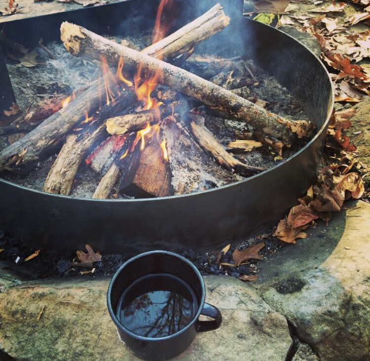 Campfire with burning logs inside a fire pit, surrounded by fallen leaves, and a black mug on a rock nearby.