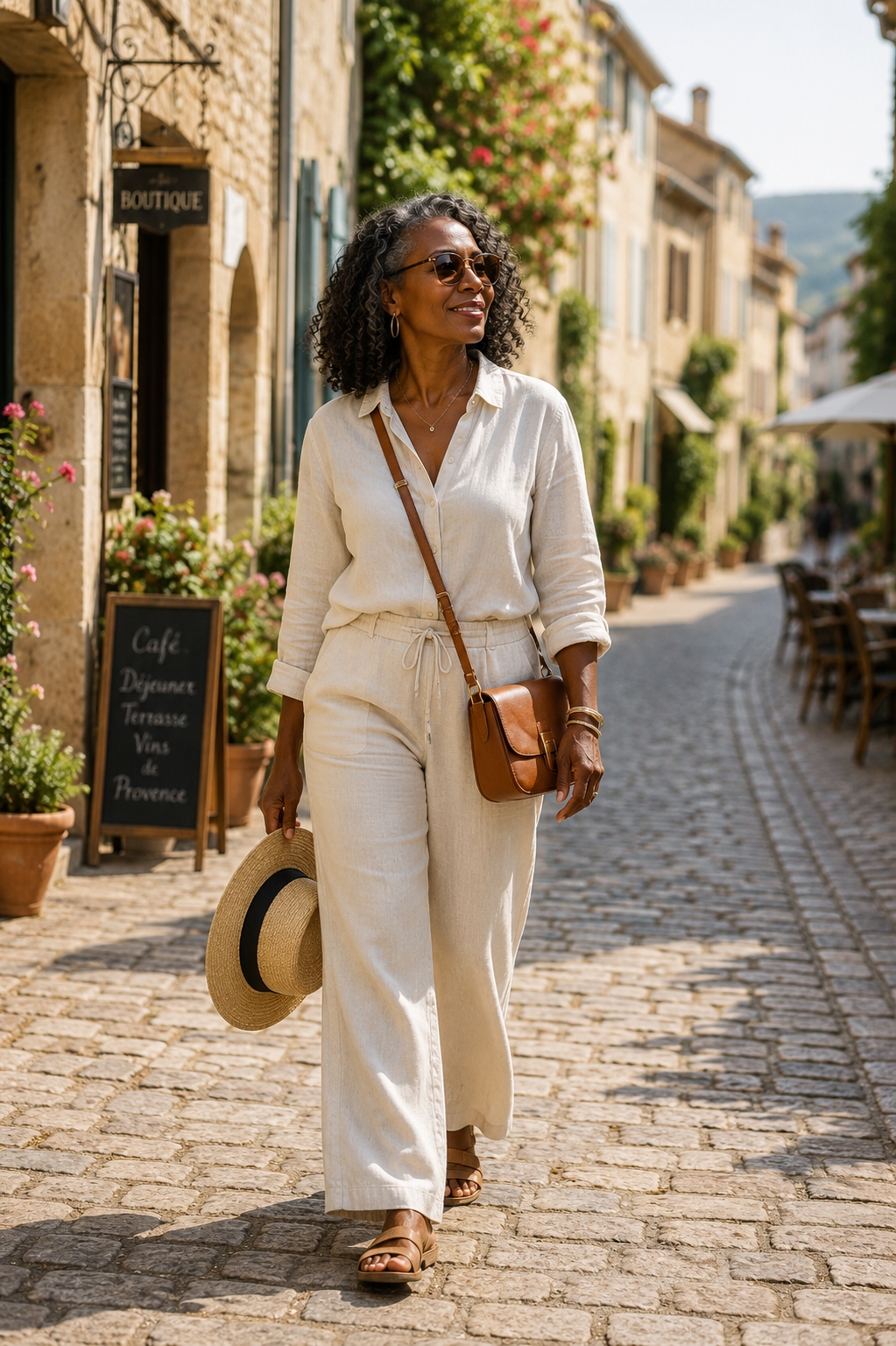 Healthy, active woman confidently walking through a European village after strength training, representing mobility, independence, and healthy aging.
