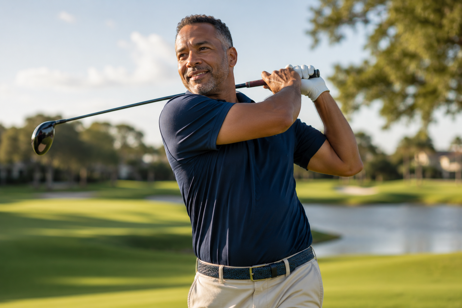 Man in his 50s enjoying a confident, pain-free golf swing after improving strength through personalized one-on-one training at Excellence In Fitness in Millersville, Maryland.