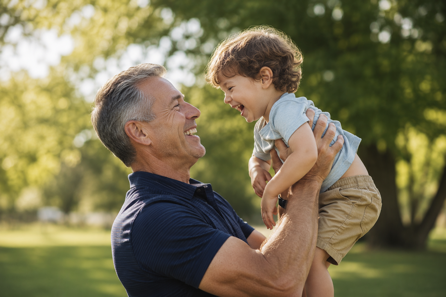 Grandfather lifting his grandchild with confidence after improving strength through personalized one-on-one training at Excellence In Fitness in Millersville, Maryland.