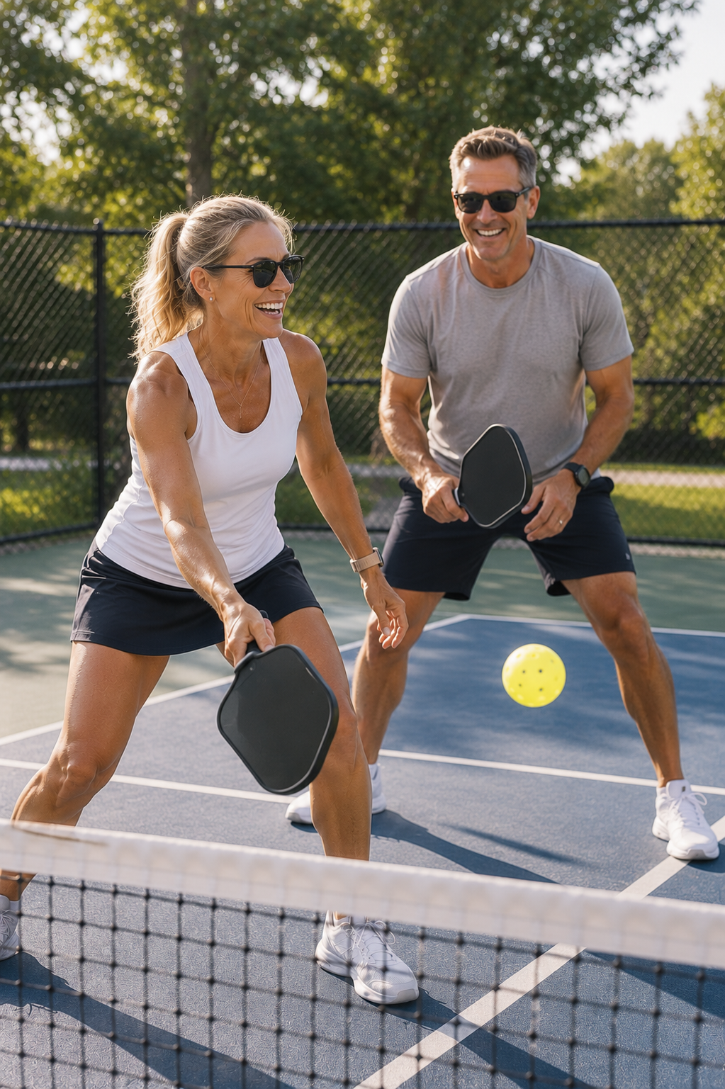 Active couple in their mid-40s playing pickleball outdoors, demonstrating the energy, strength, and healthy aging benefits of personal training.