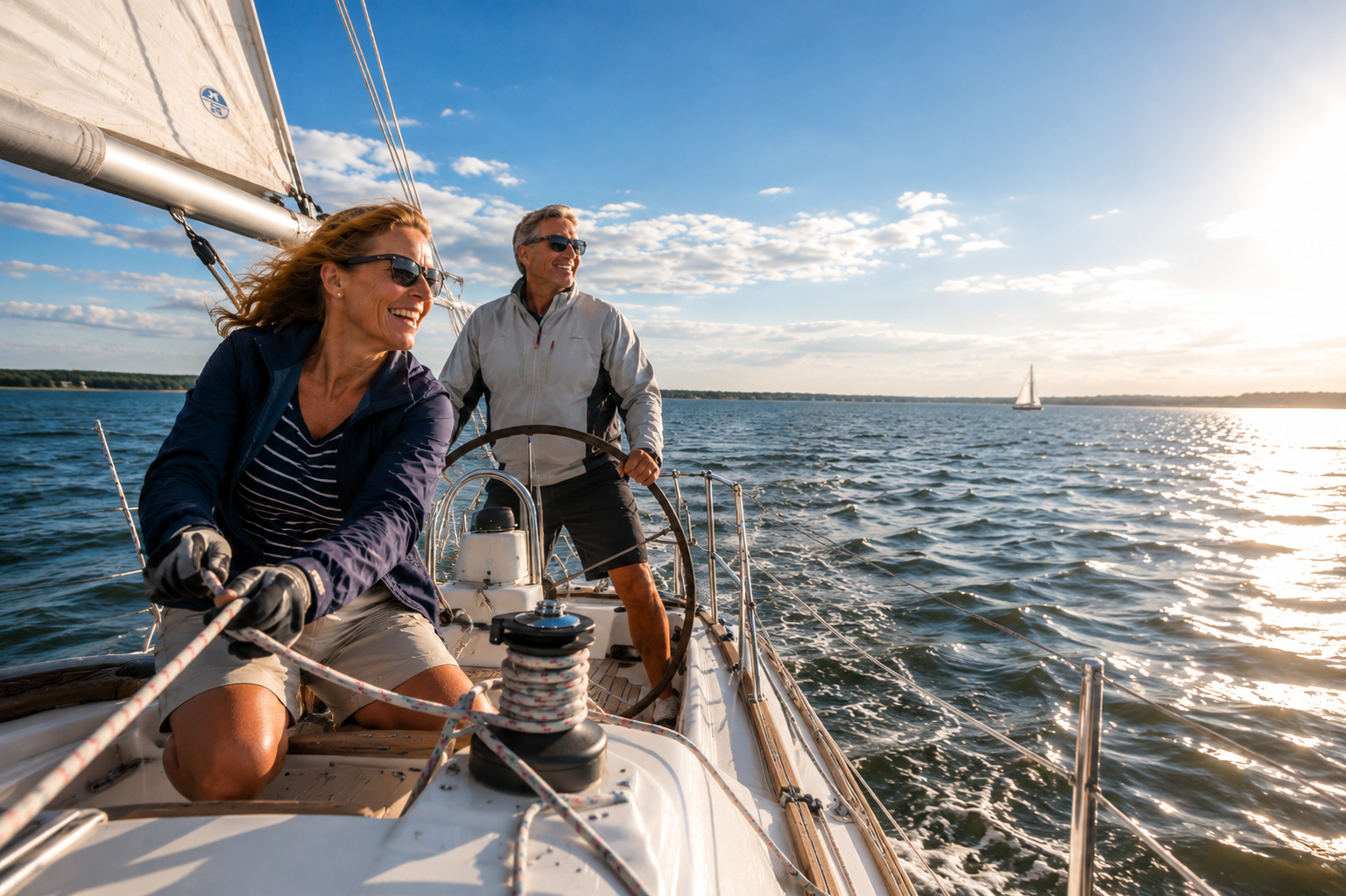 Healthy couple sailing on the Chesapeake Bay, enjoying an active lifestyle through strength, balance, and mobility developed with private one-on-one personal training.