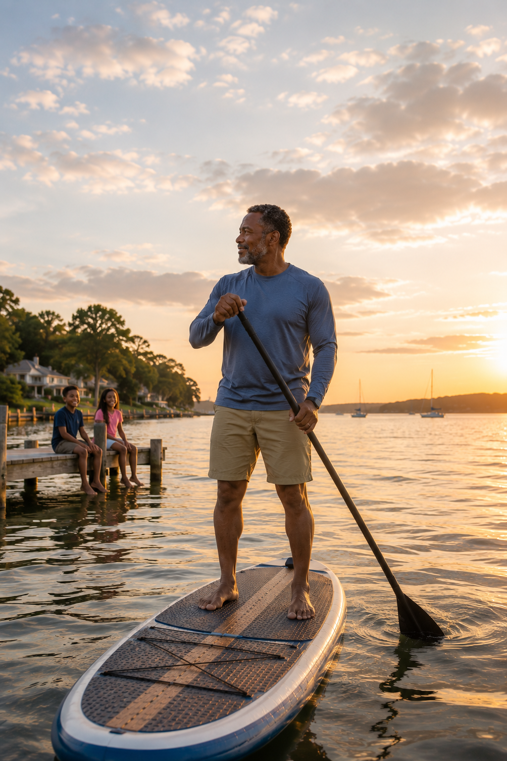 Man enjoying paddleboarding with improved balance and stability through strength training.