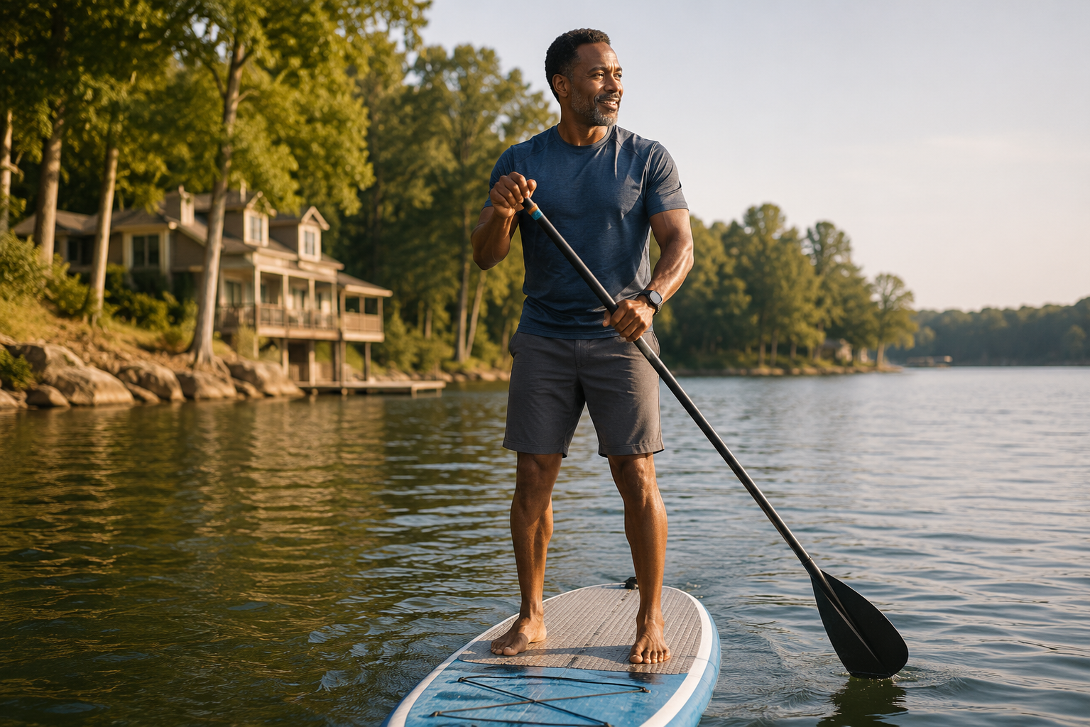 Man enjoying paddleboarding with improved balance and stability through strength training.