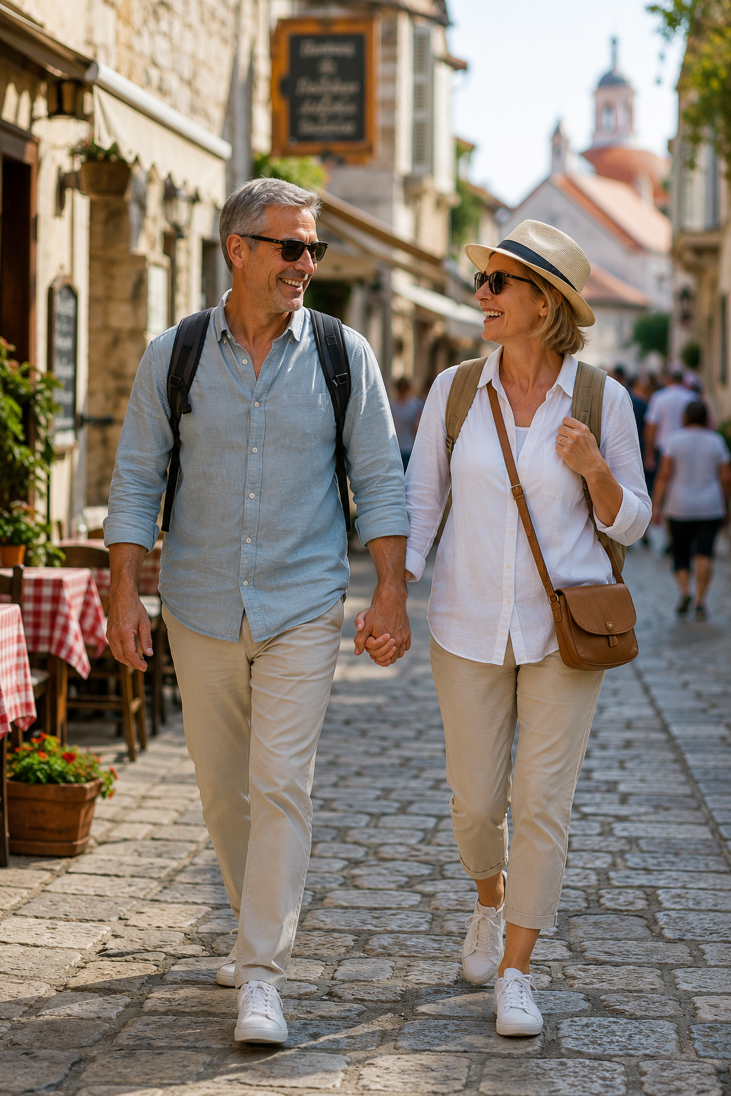 Healthy couple in their 50s walking hand in hand through a European village, demonstrating the freedom and longevity that strength training supports.