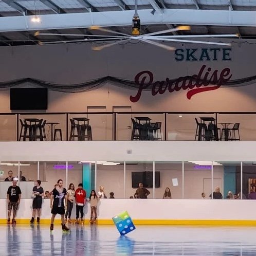 A vibrant indoor skating rink labeled “Skate Paradise,” featuring skaters enjoying the smooth floor with a playful oversized die in the center.