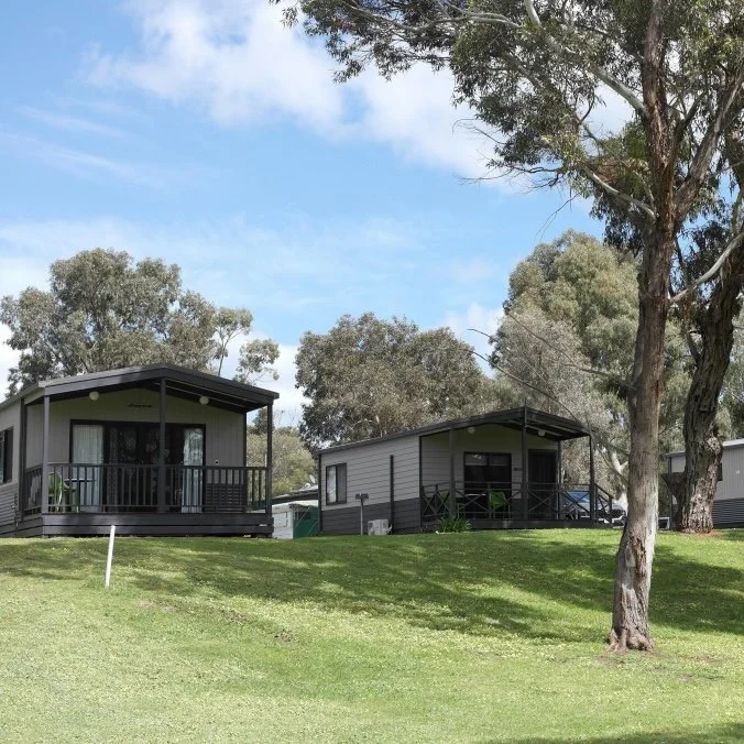 Two contemporary holiday cabins with covered verandas set , surrounded by tall eucalyptus and other native trees, offering a peaceful and scenic natural setting.