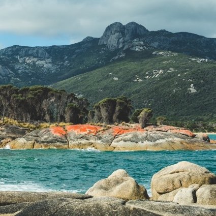 A scenic view of a rugged coastal landscape featuring orange-lichen-covered rocks near the shoreline. The turquoise water contrasts beautifully with the greenery of the forested hills in the background, leading up to towering mountains under a partly cloudy sky.