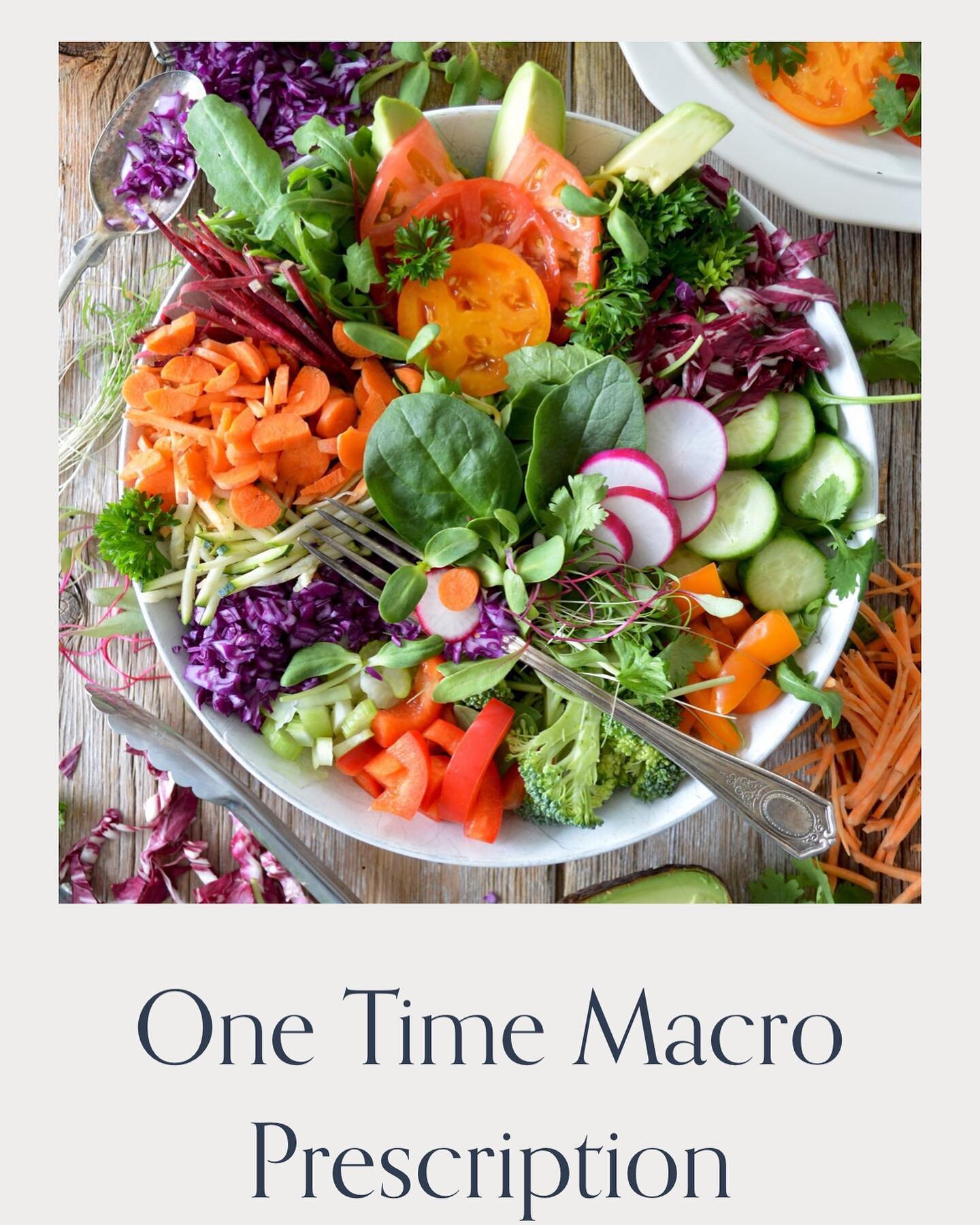 ⭐️ ONE TIME MACRO PRESCRIPTION ⭐️ 

If you are familiar with tracking macros but don&rsquo;t know where they should be to fit your goals this is a good option for you! 
Once you buy this option I will have you fill out a form. Based on your respone I