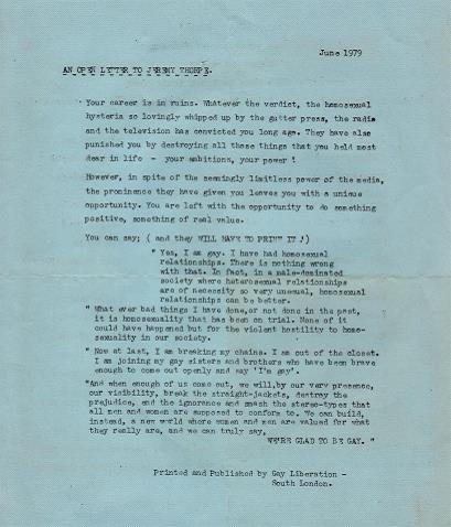 Statement from the South London Gay Liberation Front handed out at the Old Bailey during the trial of Jeremy Thorpe
