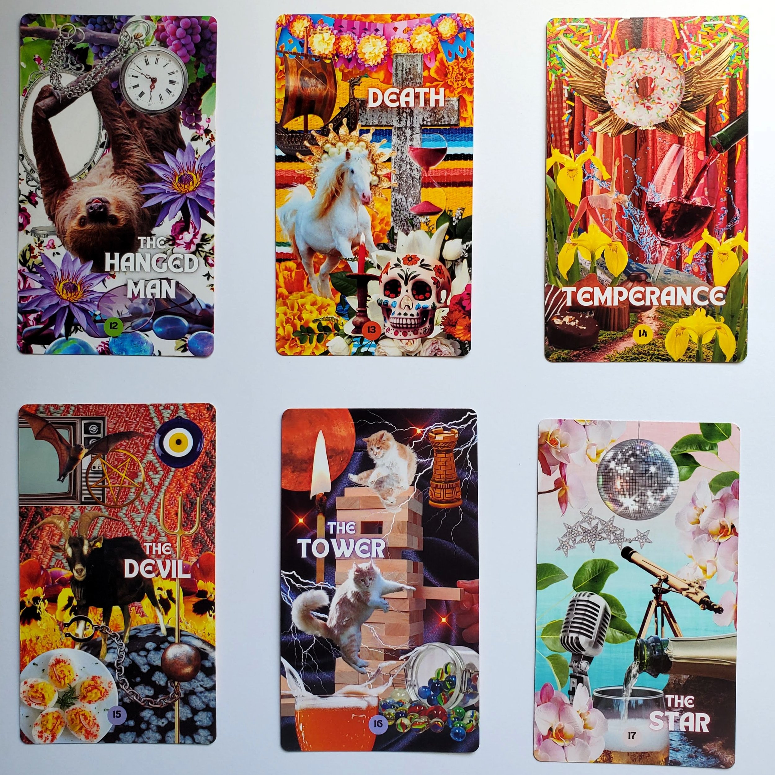 How Did I Get Here Tarot Major Arcana card grid Hanged Man through Star — pop art collage indie tarot deck by S.G. Stasi Designs