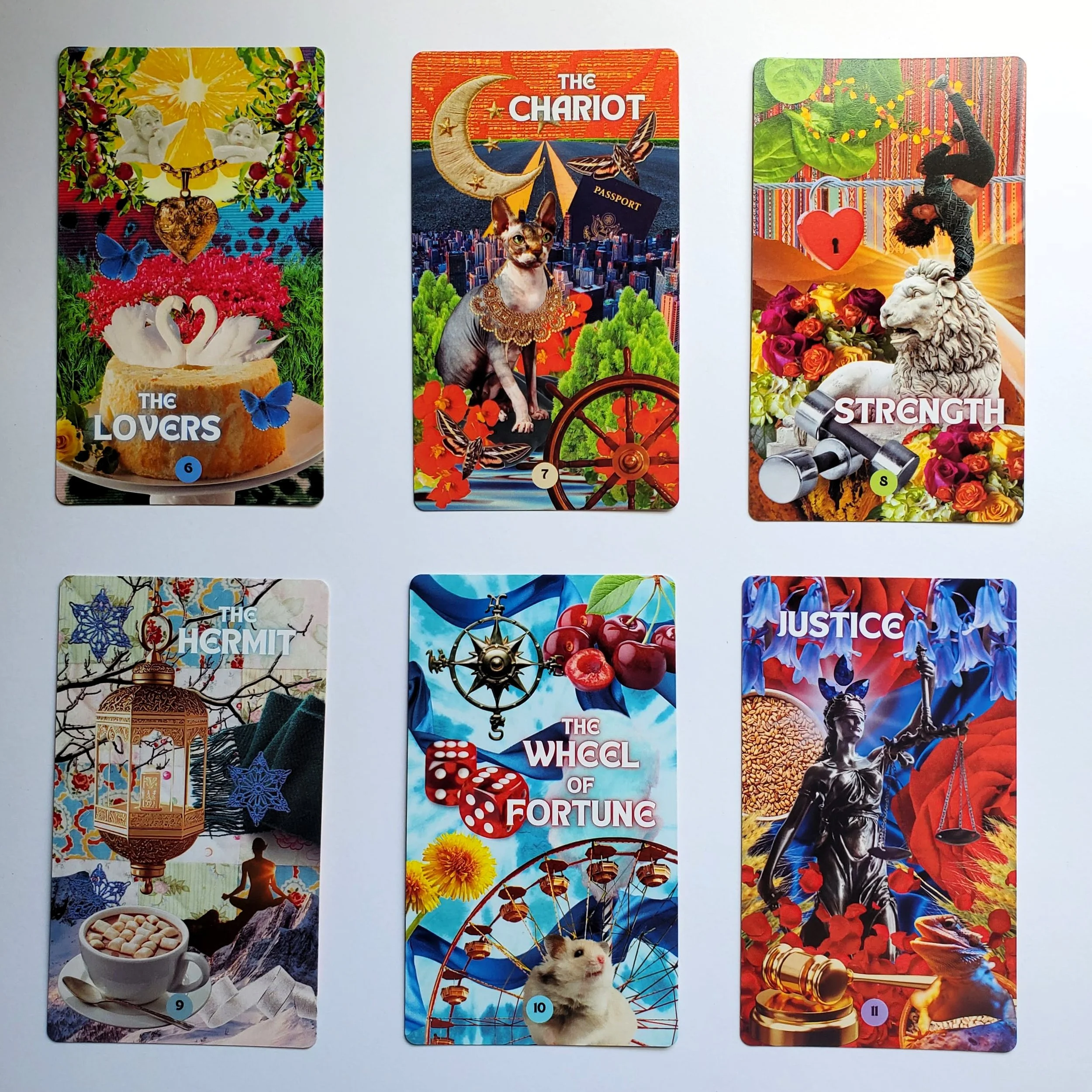 How Did I Get Here Tarot Major Arcana card grid Lovers through Justice — pop art collage indie tarot deck by S.G. Stasi Designs