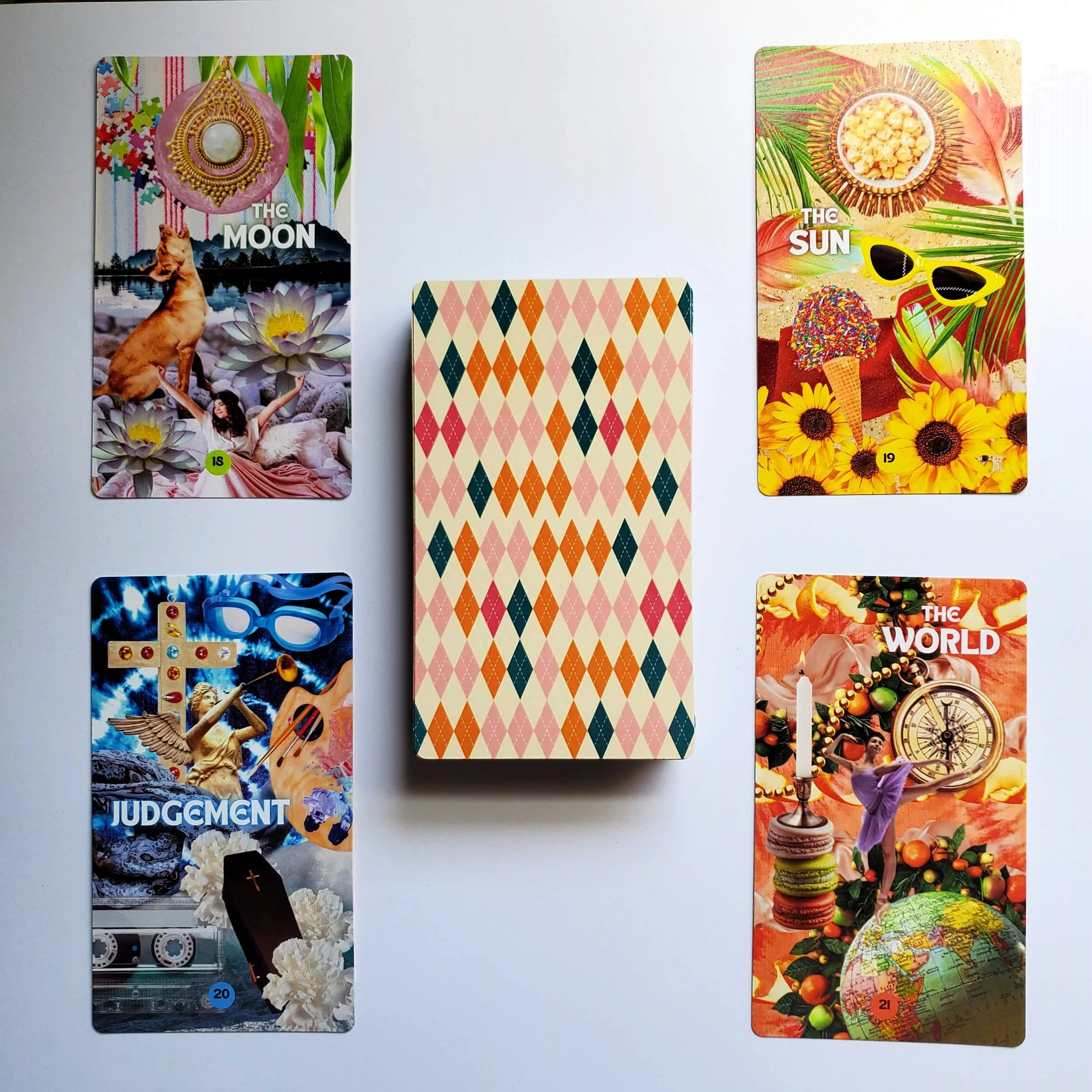 How Did I Get Here Tarot sample cards and card back — pop art collage indie tarot deck by S.G. Stasi Designs