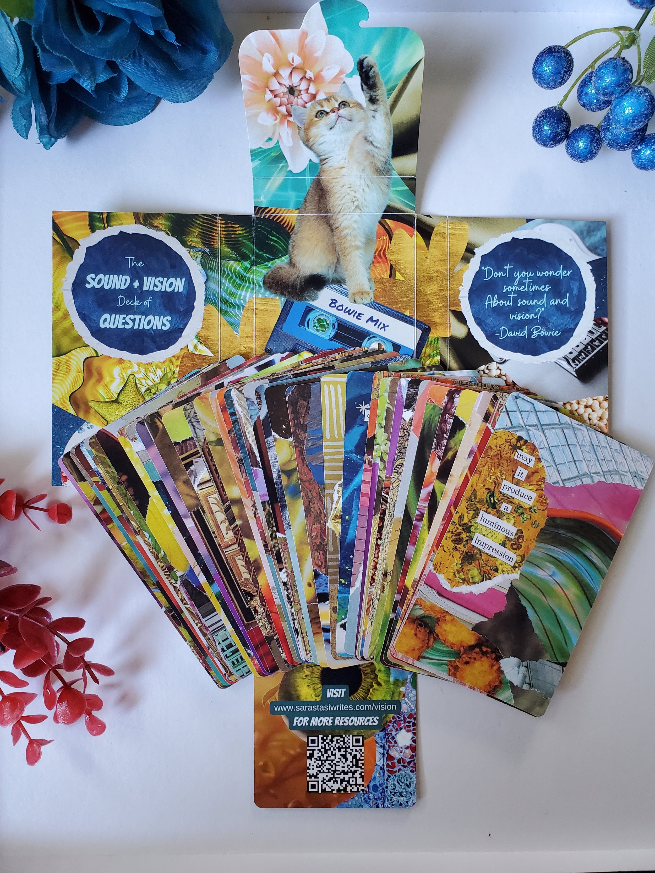 Sound and Vision Deck of Questions box and cards fanned showing vibrant collage imagery — Bowie-inspired indie oracle deck by S.G. Stasi Designs
