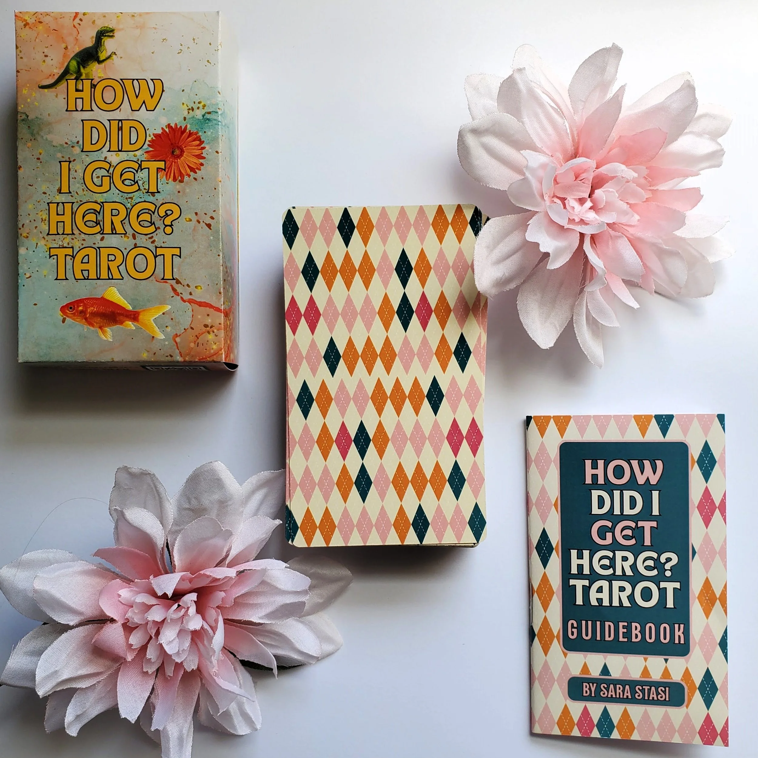 How Did I Get Here Tarot tuck case, card backs, and guidebook with pink flowers — pop art collage indie tarot deck by S.G. Stasi Designs