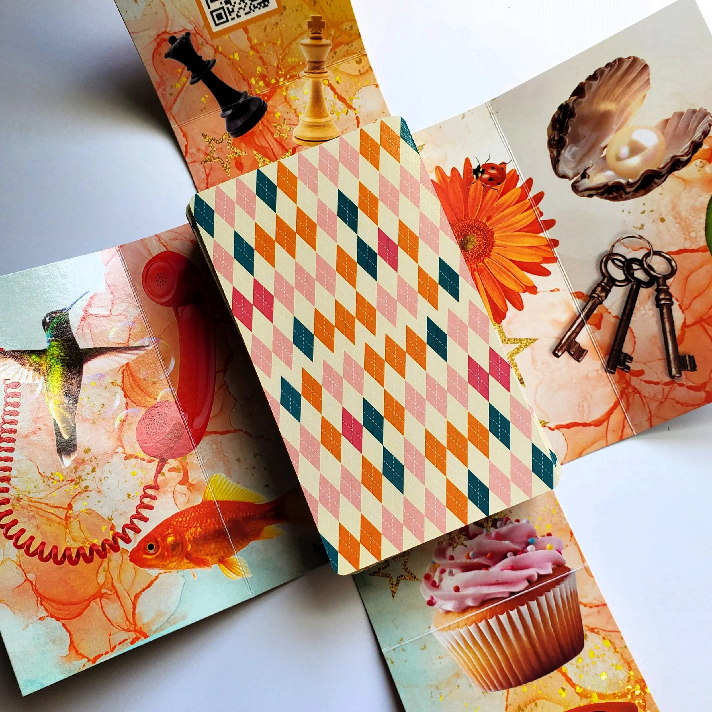 How Did I Get Here Tarot cards in open hook box — pop art collage indie tarot deck by S.G. Stasi Designs