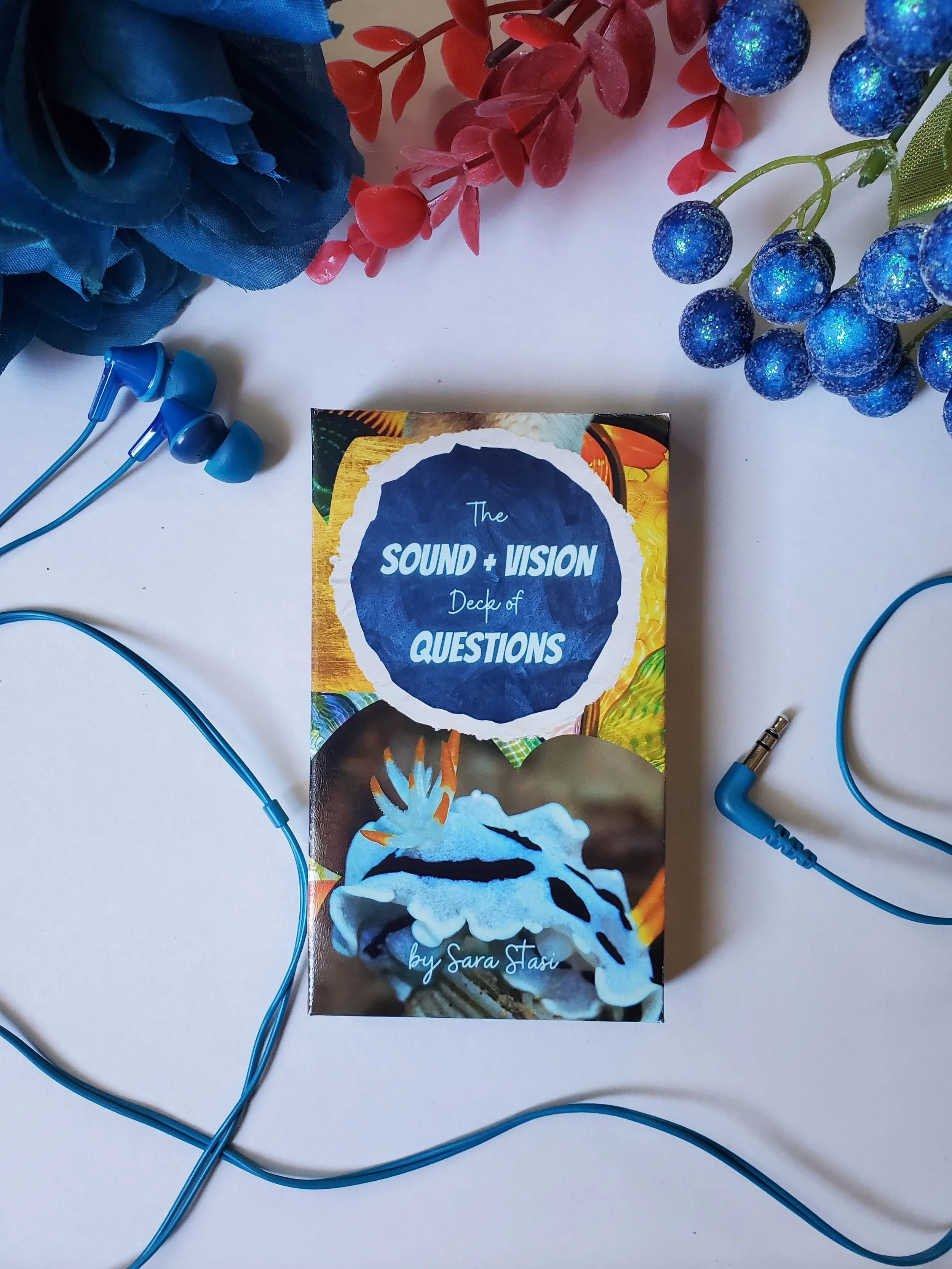 Sound and Vision Deck of Questions hook box with blue horse design and blue ribbon — Bowie-inspired indie oracle deck by S.G. Stasi Designs