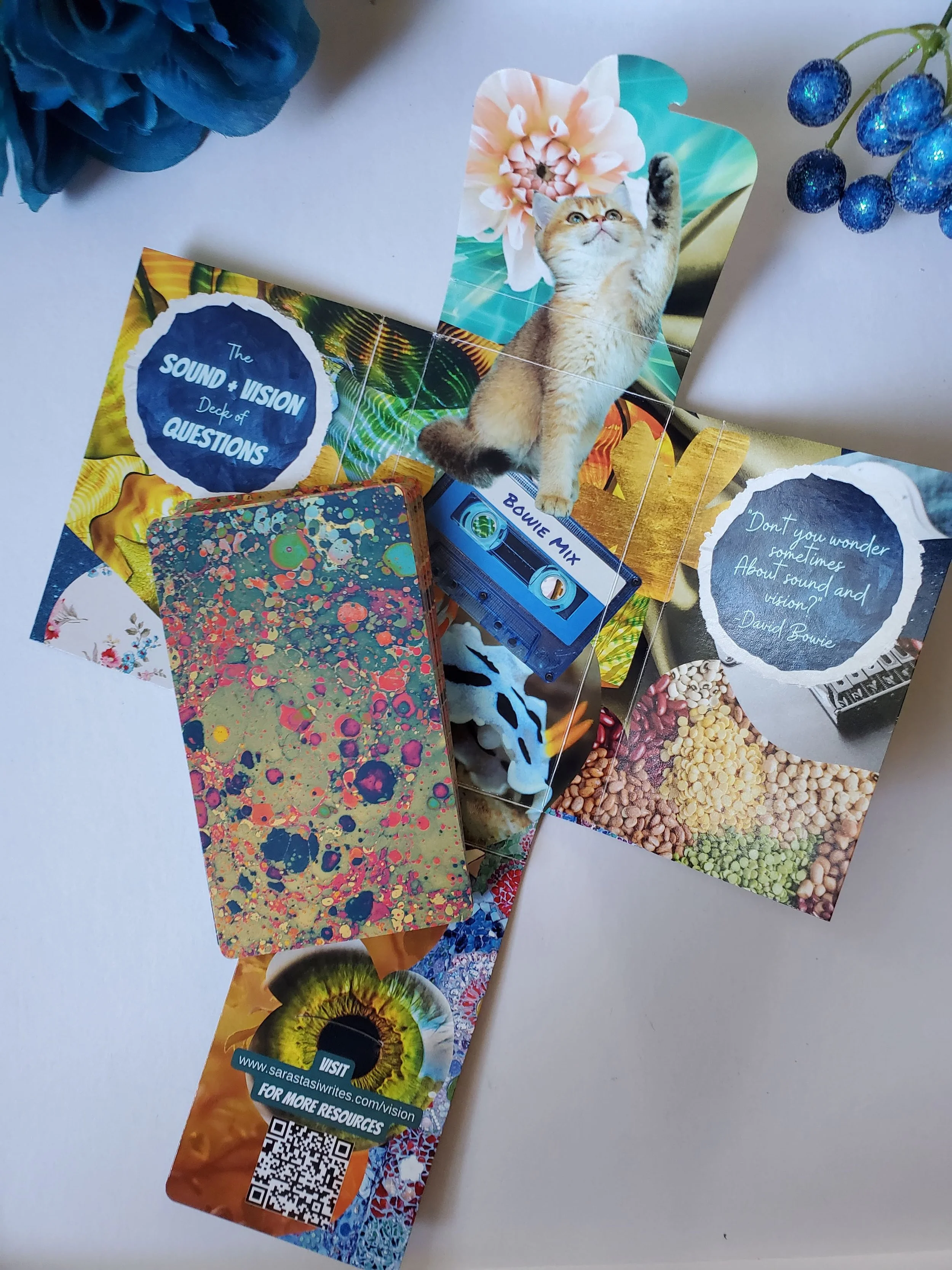 Sound and Vision Deck of Questions cards fanned showing colorful analog collage artwork — Bowie-inspired indie oracle deck by S.G. Stasi Designs