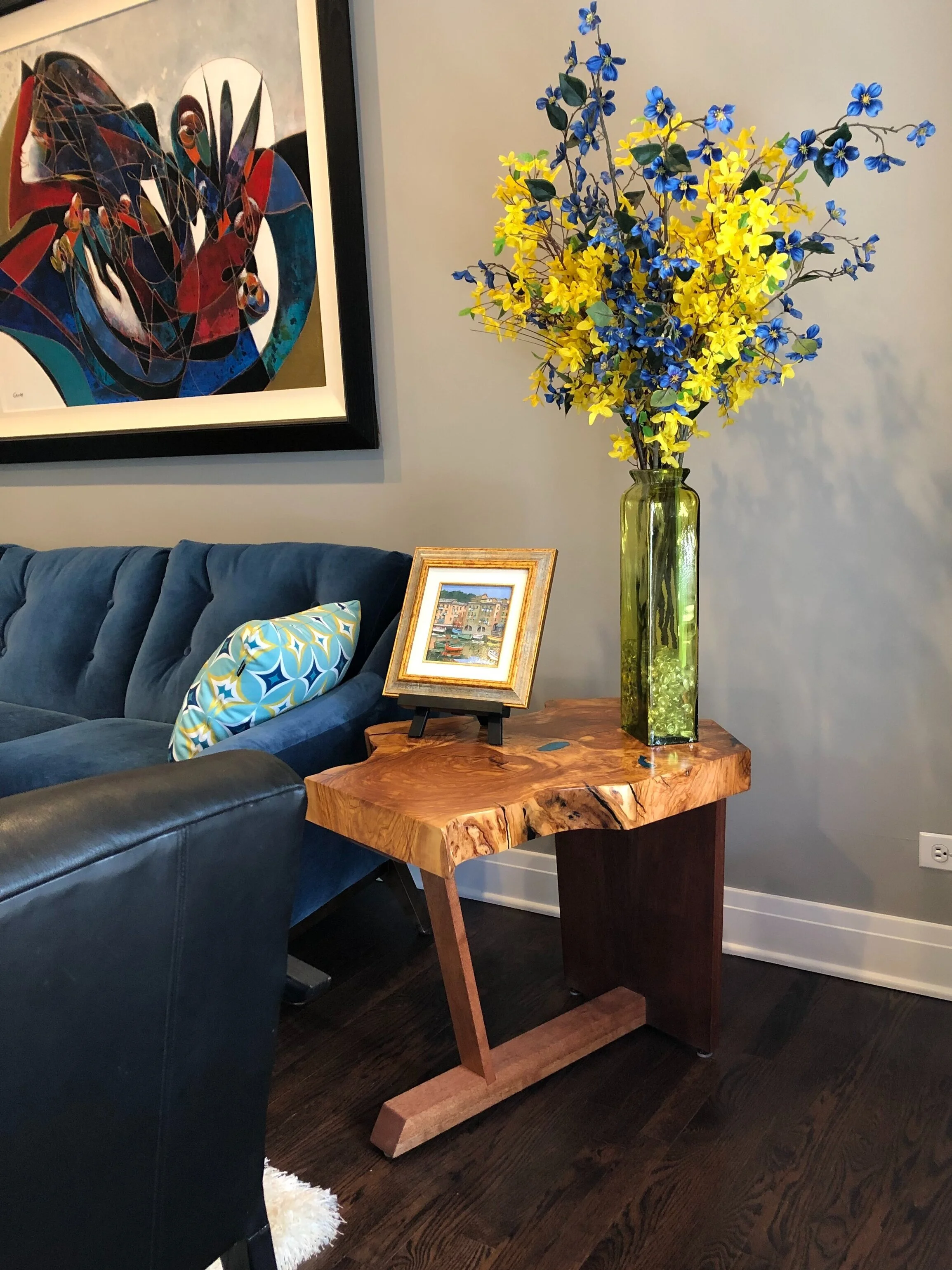 Live edge olive wood side table.