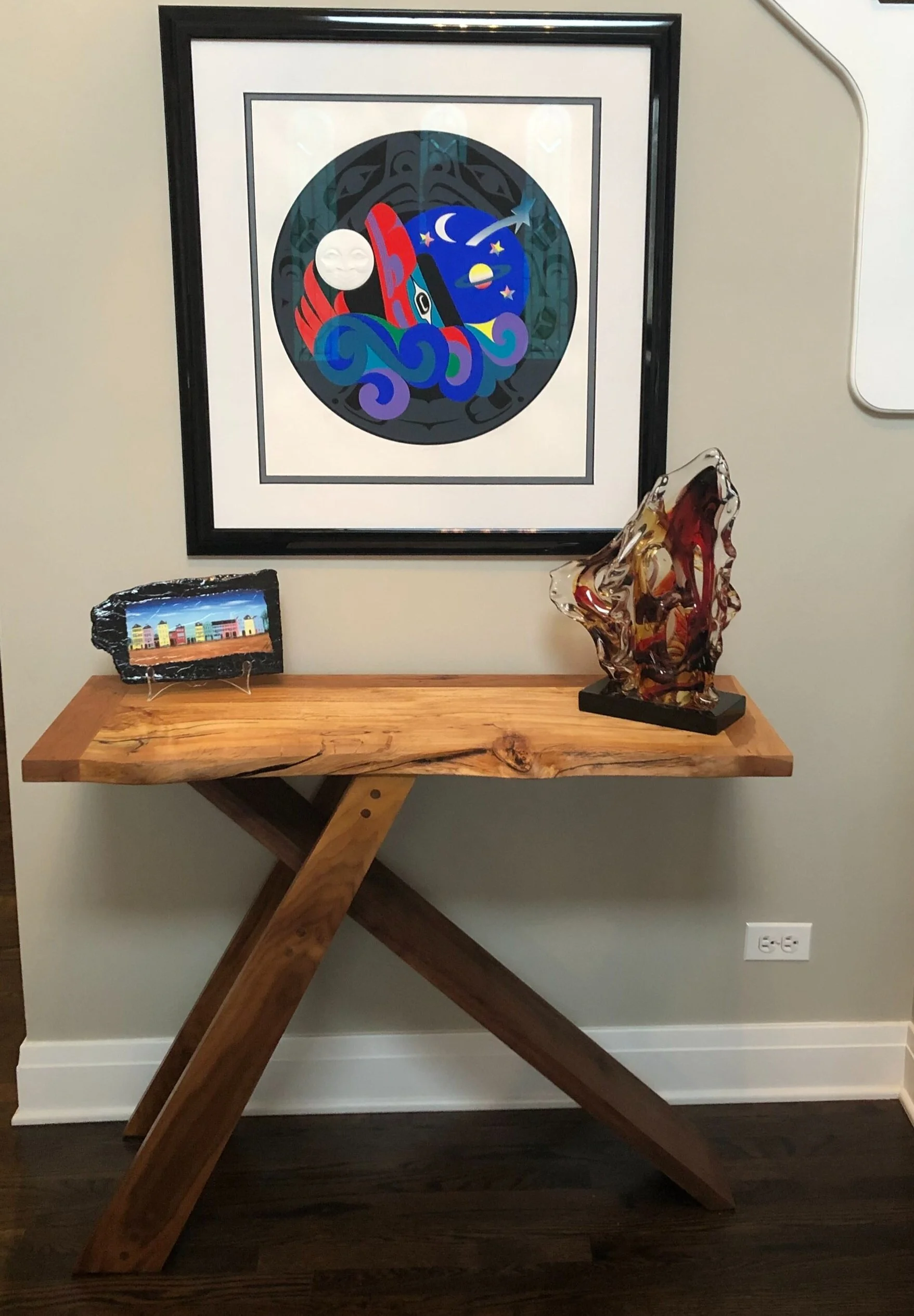 Console table walnut base, cherry wood that borders a live edge spalted maple slab
