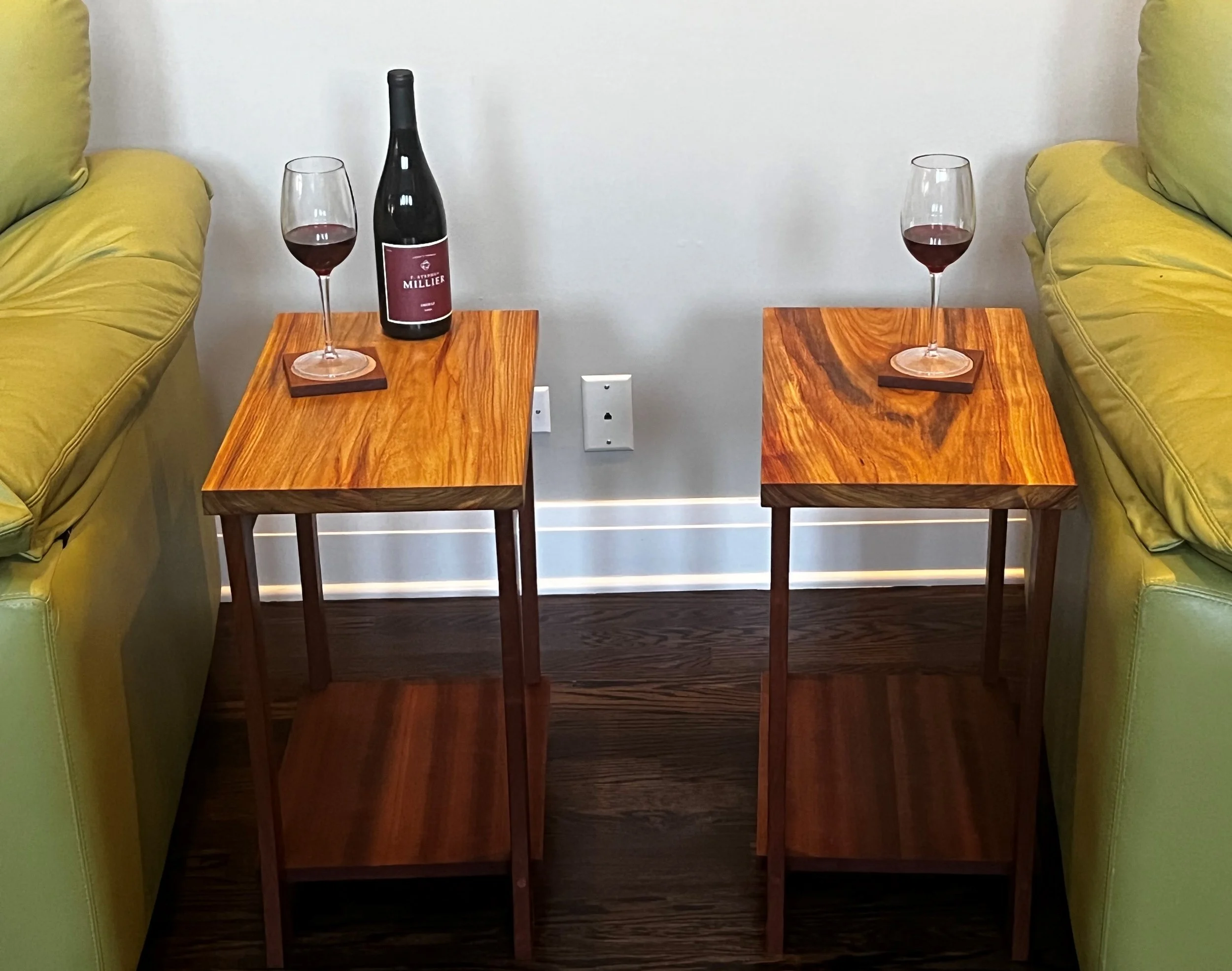 End tables 12"x20"x22", the tops are cut from a Canary wood slab. The legs are Makore wood much like our domestic cherry. 