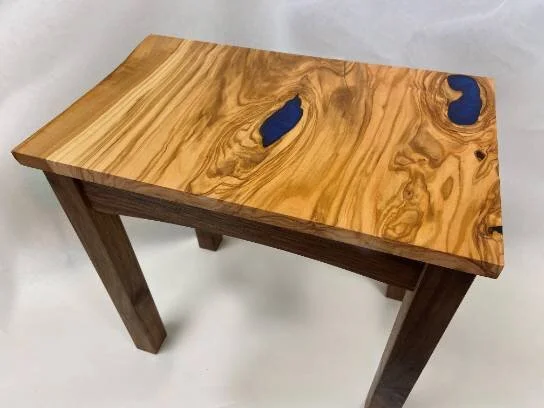 Olive wood side table 11"x18x16 1/2"  WxLxH, walnut legs