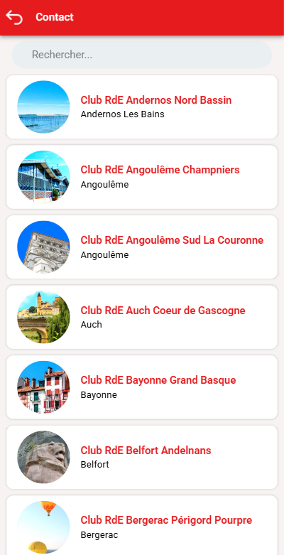 Capture d'écran d'une application ou site web affichant une liste de clubs intitulée « Club RdE » avec des noms de lieux tels que Andernos Les Bains, Angoulême, Auch, Bayonne, Belfort, et Bergerac. Chaque entrée inclut une image circulaire, un nom de club en rouge et un nom de ville en noir.