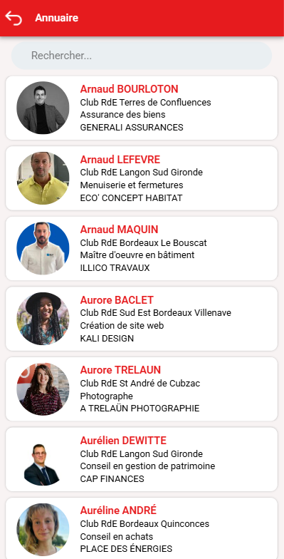 Capture d'écran d'un annuaire en ligne montrant plusieurs membres de différents clubs, leurs métiers et entreprises. Il y a des photos de profil et des descriptions pour des personnes comme Arnaud Bourloton, Arnaud Lefevre, Arnaud Maquin, Aurore Baclet, Aurore Trelaun, Aurélien Dewitte, et Aurélie André. L'interface est en français avec un thème rouge et blanc. Un champ de recherche est visible en haut de la page."
