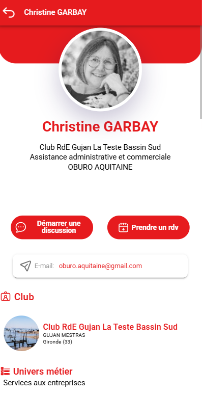 Profil de Christine Garbay avec une photo en noir et blanc, des informations de contact pour le club RdE Gujan La Teste Bassin Sud, options pour démarrer une discussion ou prendre rendez-vous, et l'adresse e-mail oburo.aquitaine@gmail.com. Sections sur le club à Gujan Mestras et services aux entreprises mentionnés en bas.