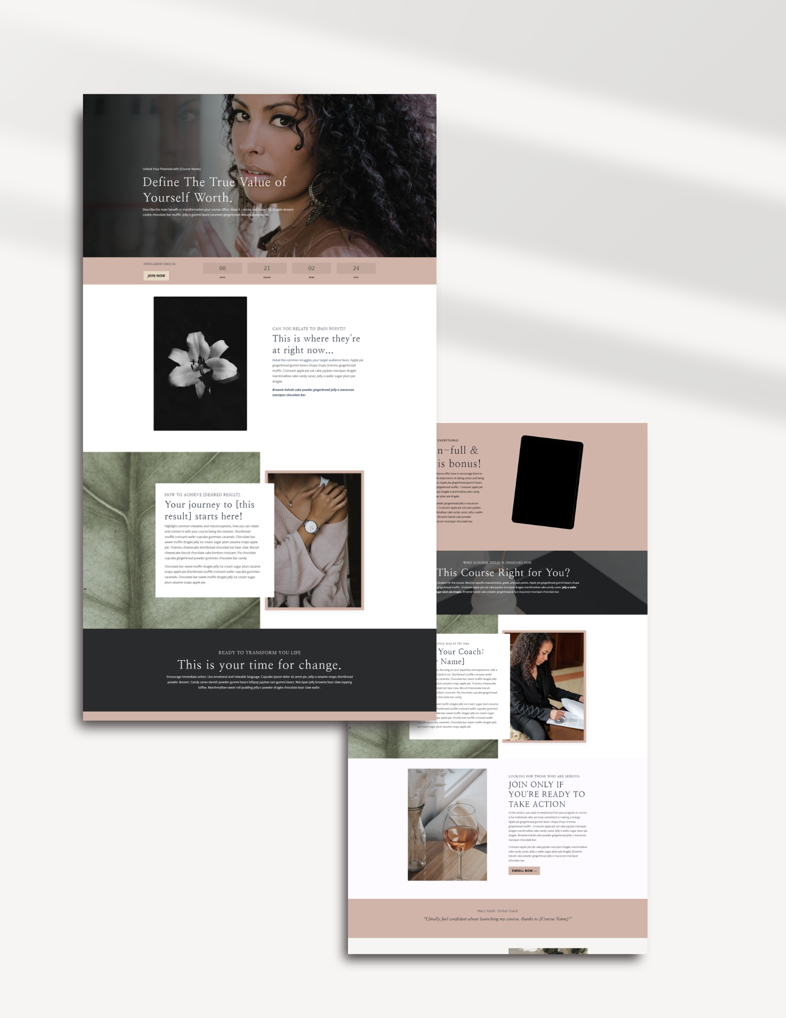 Website mockup featuring a woman's portrait, text about defining self-worth, and sections with descriptions of a program or course.