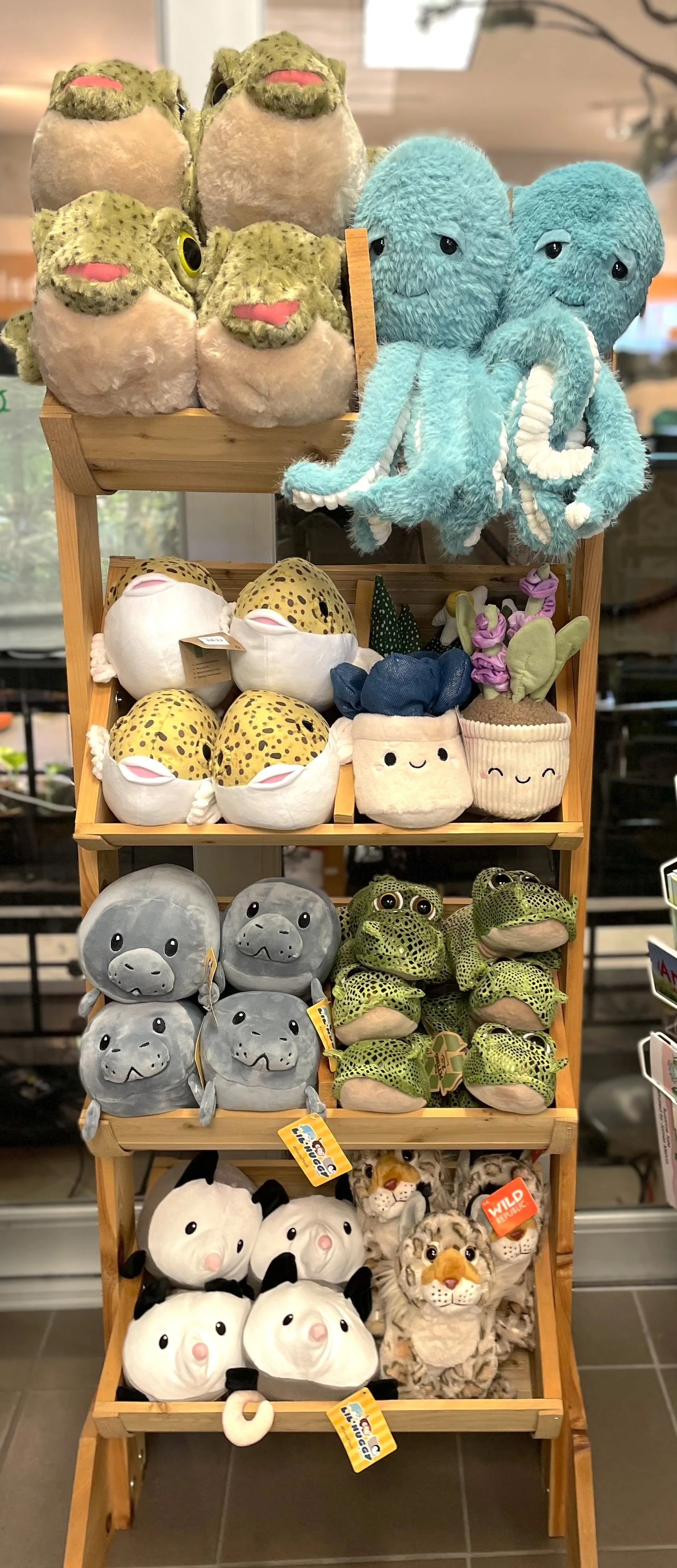nature themed plush animals on a shelf at the Owl's Roost