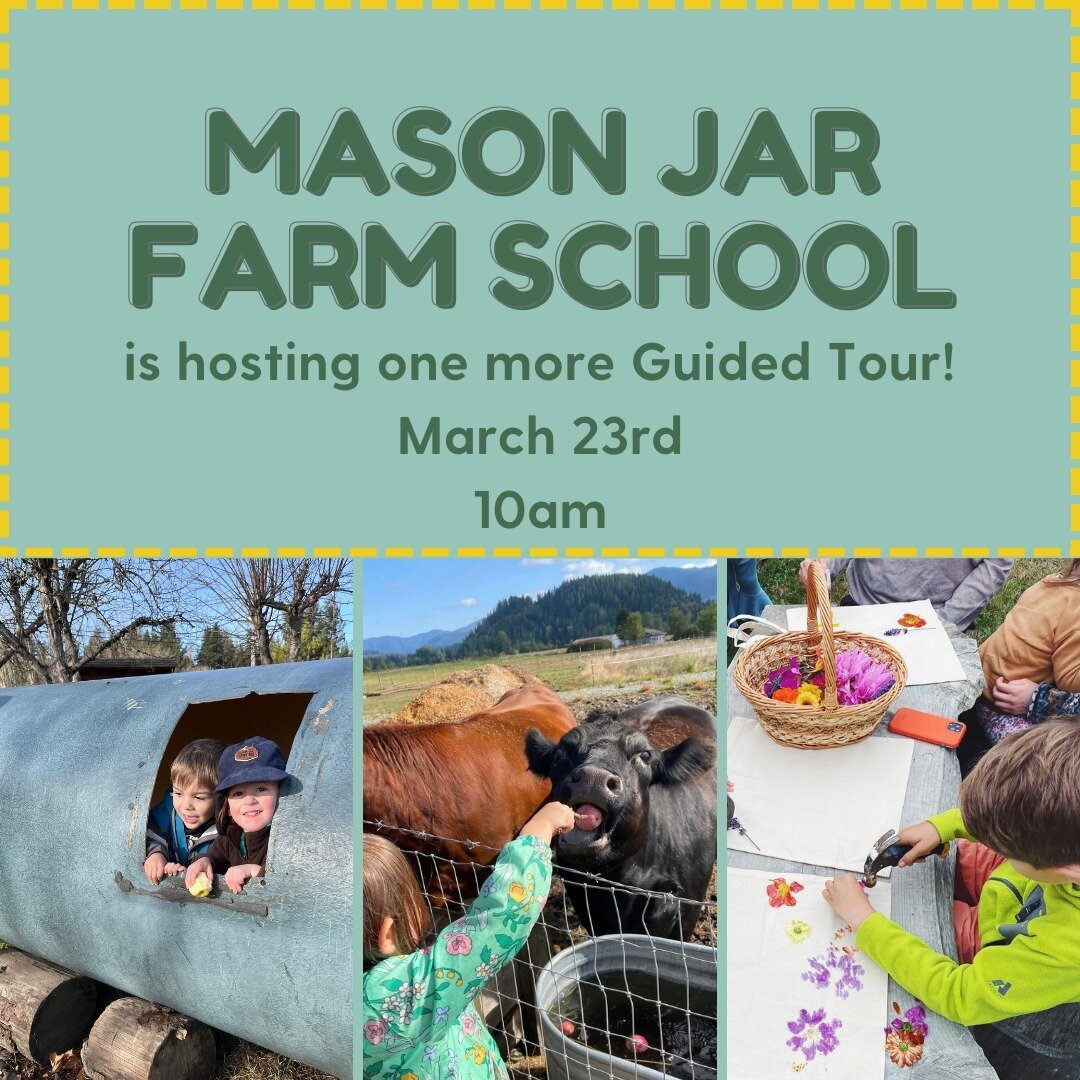 Mason Jar Farm School in Enumclaw is hosting a Guided Tour!

Attending a tour is a prerequisite of enrollment. 

Come and meet our educators, explore the playspace, and say hi to the animals on Saturday March 23rd at 10am. 

Space is limited, please 