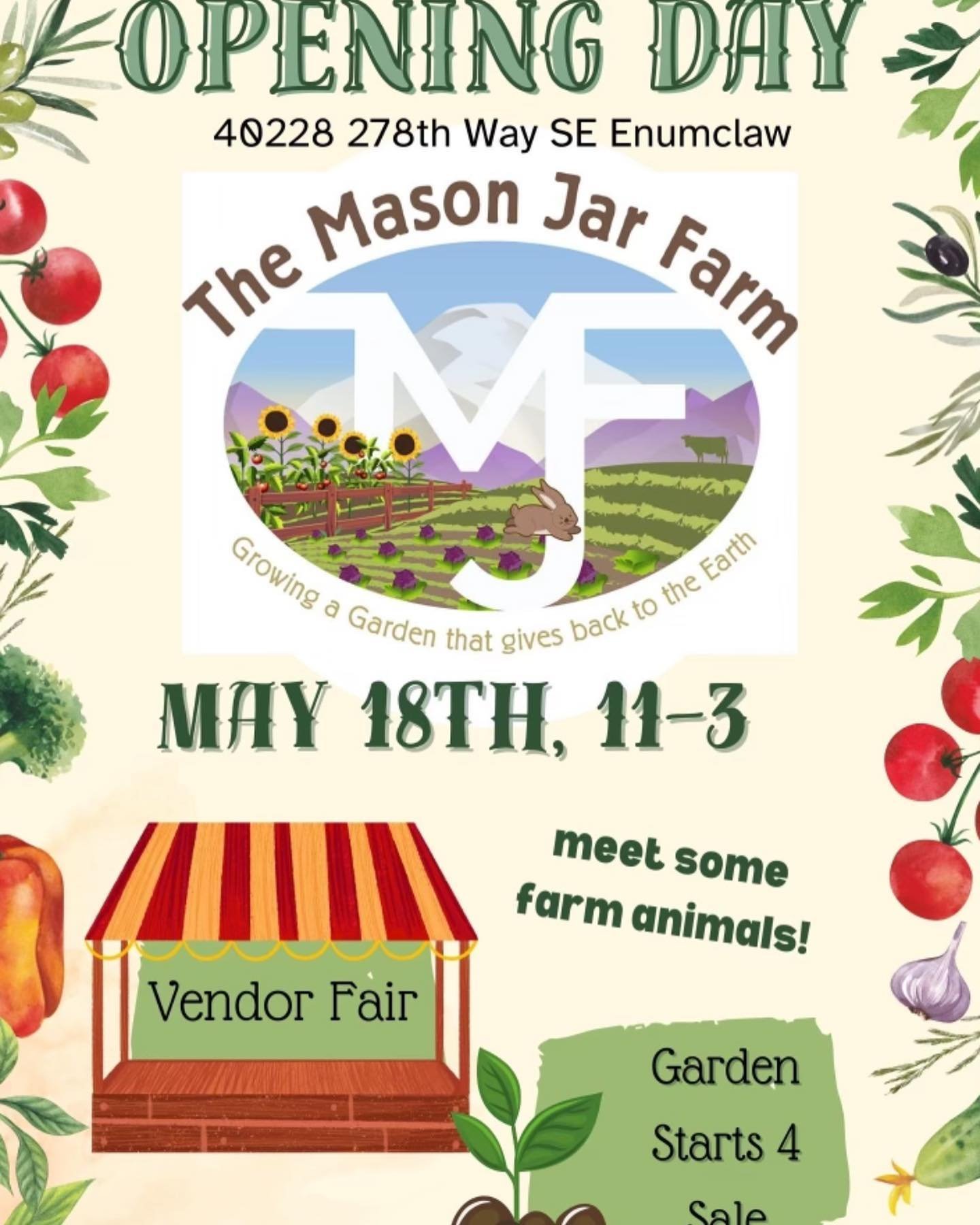 Join us at The Mason Jar Farm in Enumclaw May 18th. Opening Day Vendor Fair will be from 11:00am-3:00pm. If you are curious about our Enumclaw schools, now is the time to come ask us questions, get your garden starts and get your child&rsquo;s face p