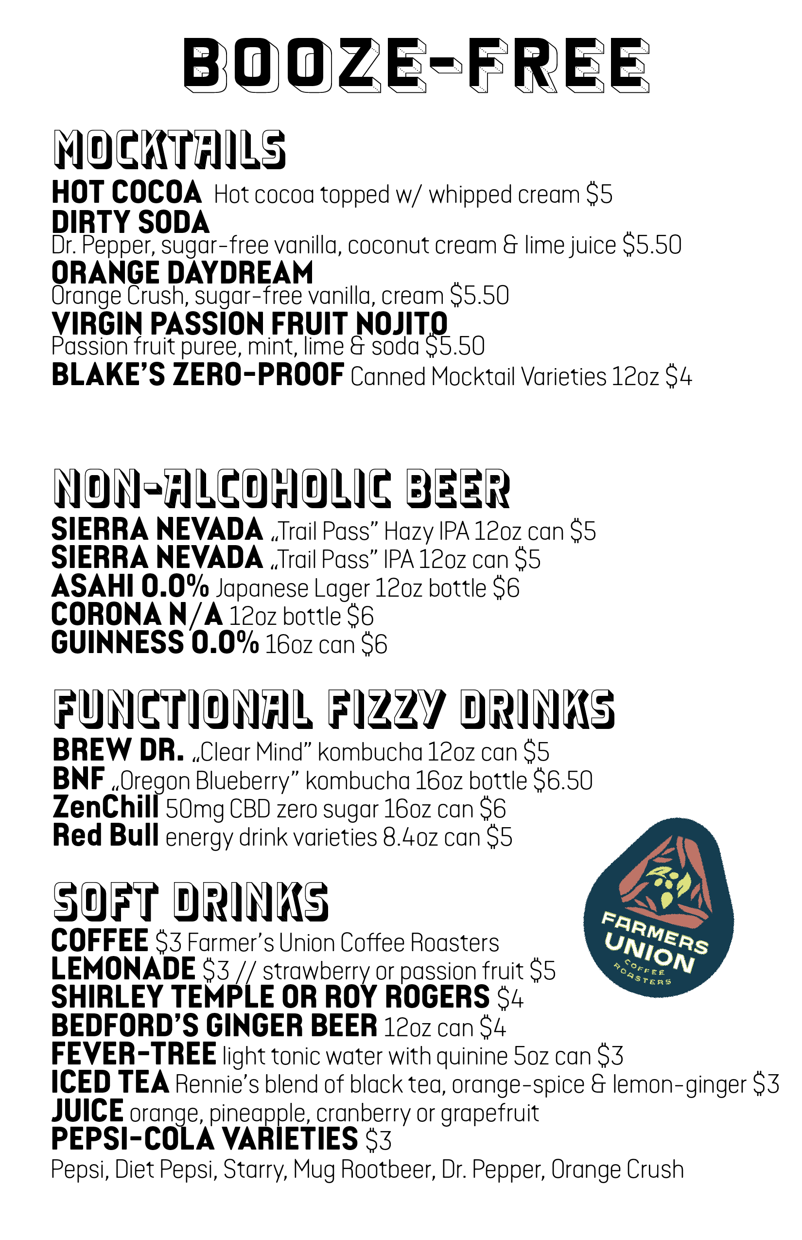 rennie's landing booze free non alcoholic menu