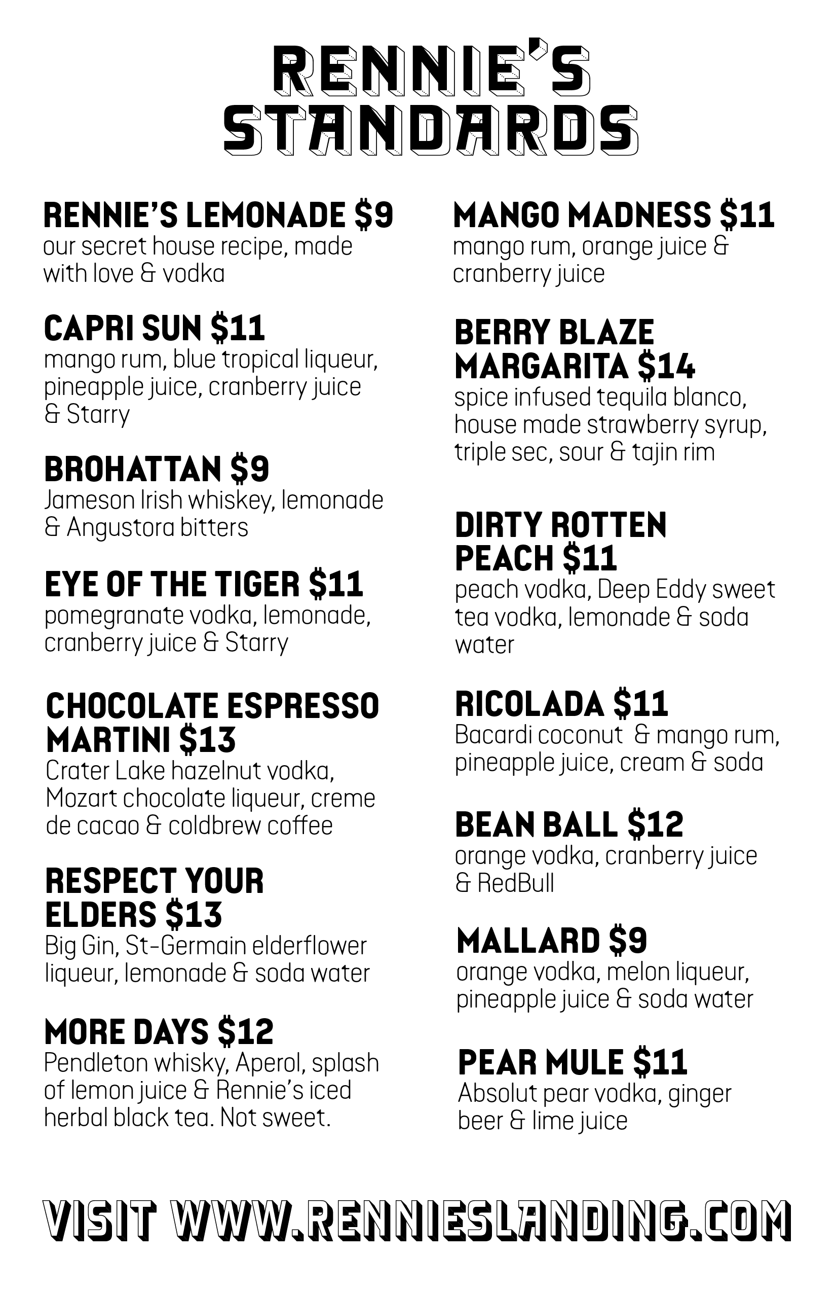 Rennie's Landing Classic and Standard Cocktails