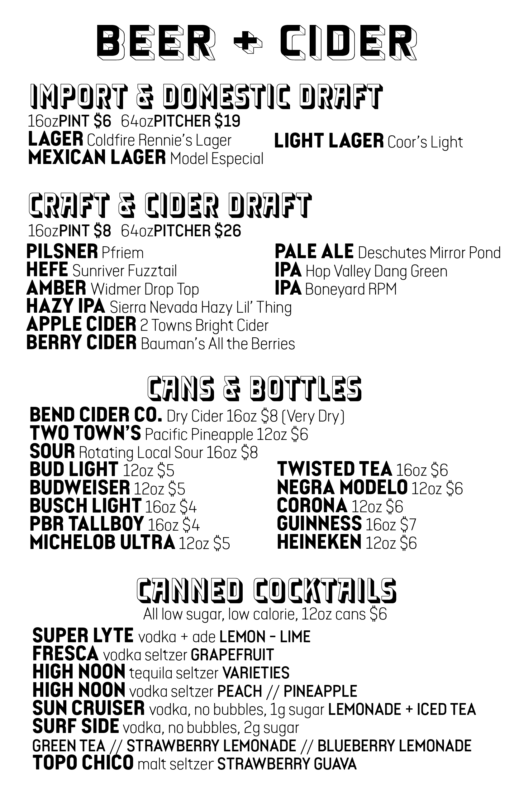 Rennie's Landing beer cider and seltzer menu