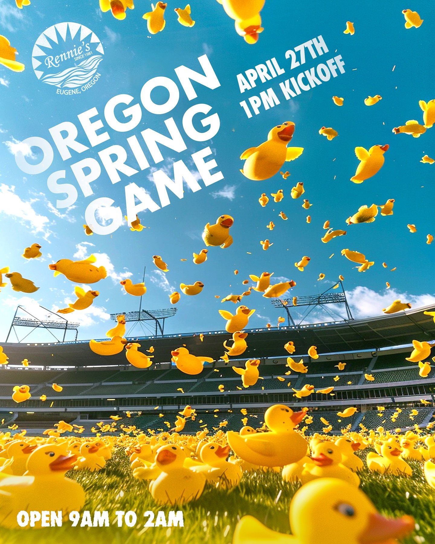 SPRING GAME! 🦆🏈🍻

Grab your green. Grab your yellow. Gear up for an epic Saturday because the Oregon Ducks Spring Game is almost here! Join us bright and early at Rennie&rsquo;s Landing TOMORROW, doors open at 9AM. The @twistedtea giant Twea chair