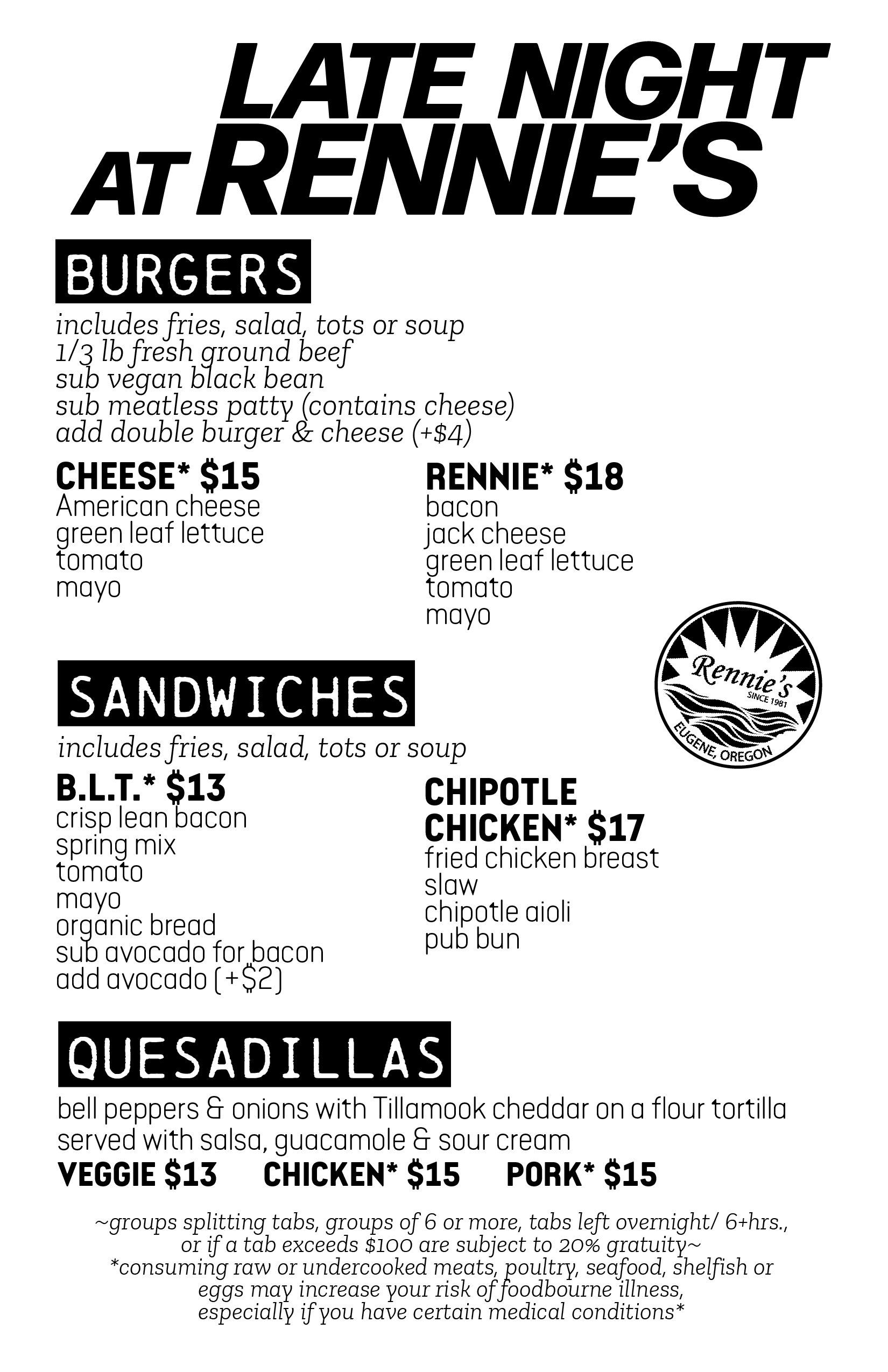 rennie's landing late night menu front