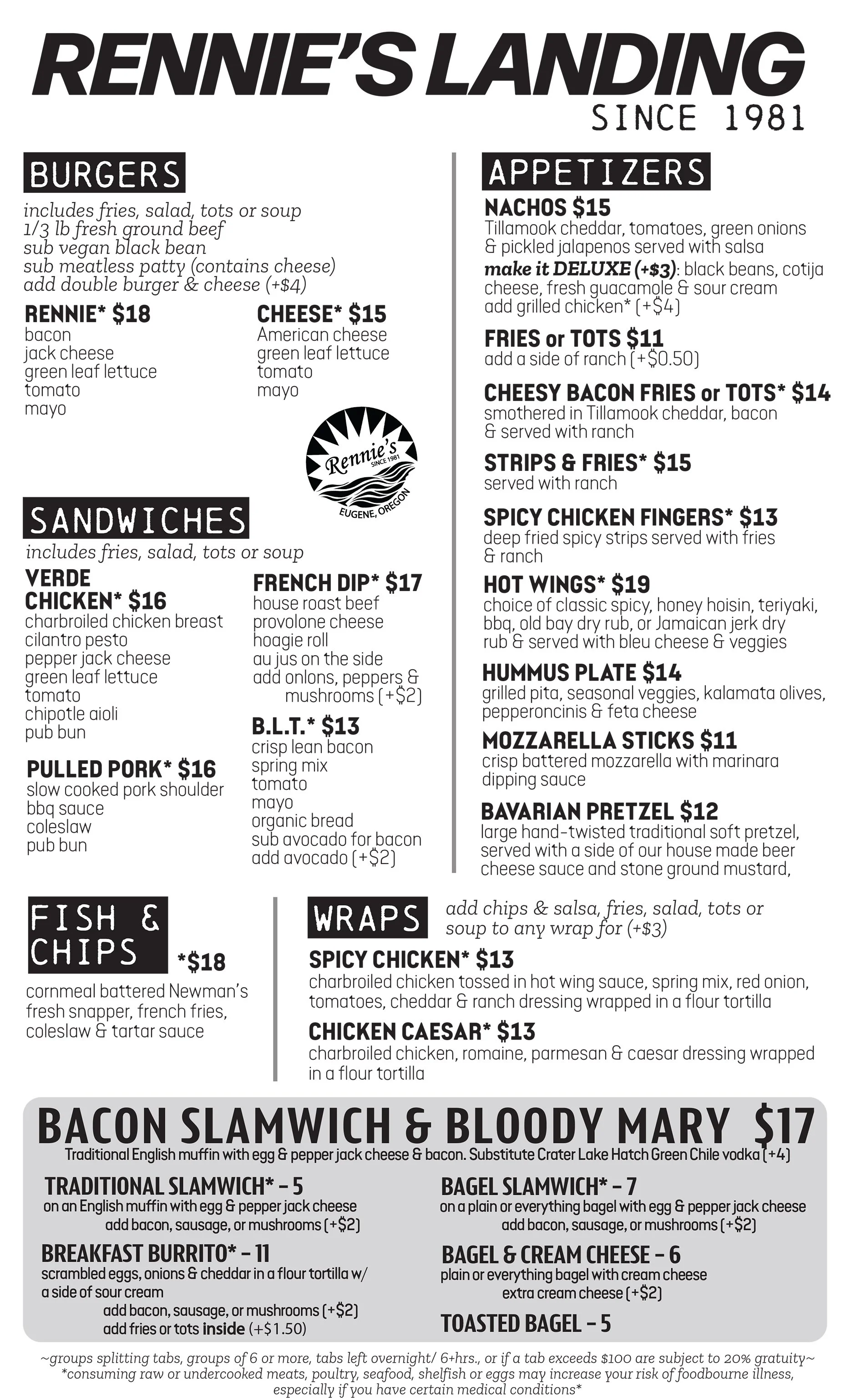 rennie's landing full lunch / dinner menu 1