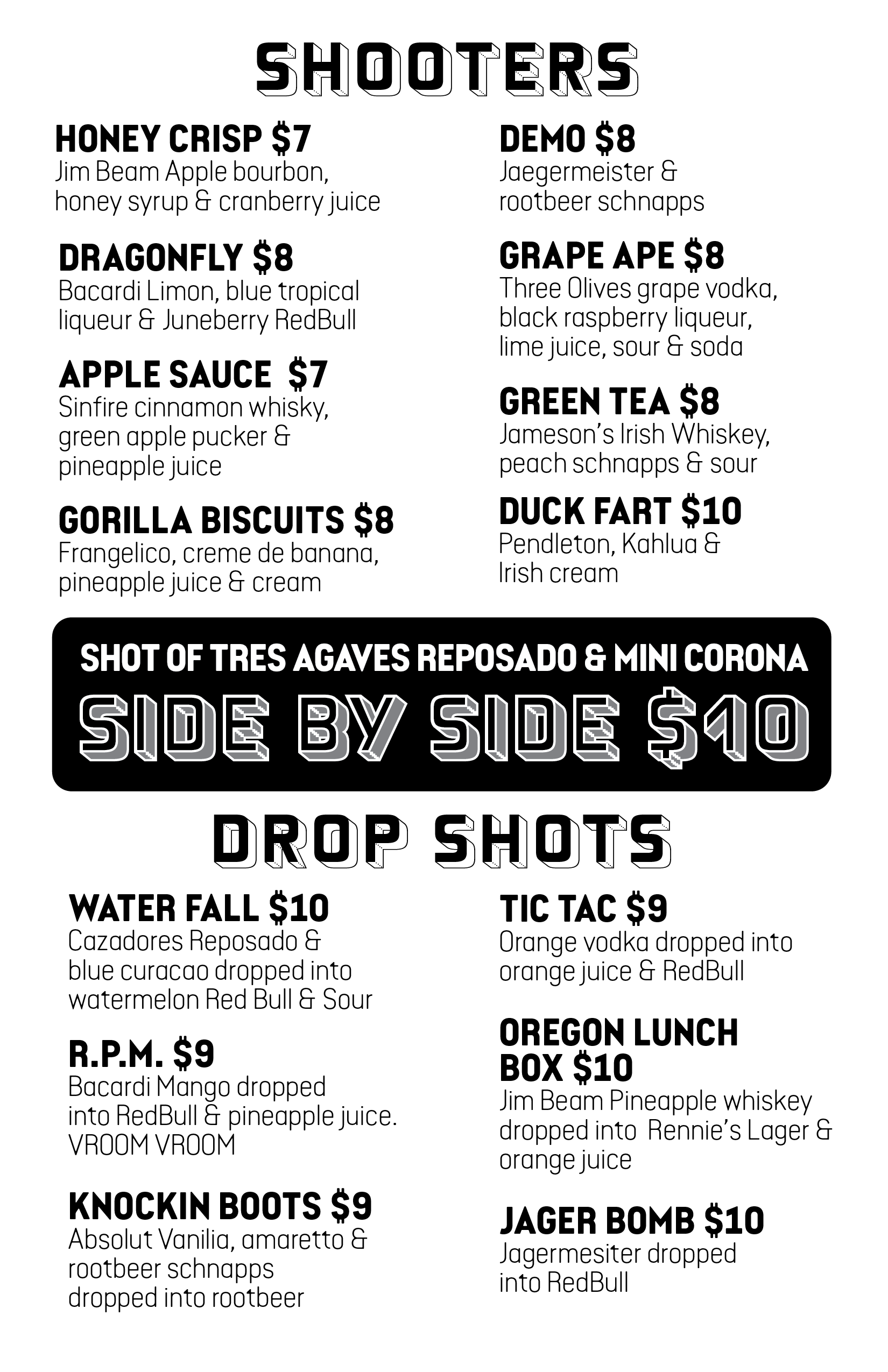 Rennie's Landing Shooters and Drop Shots Menu
