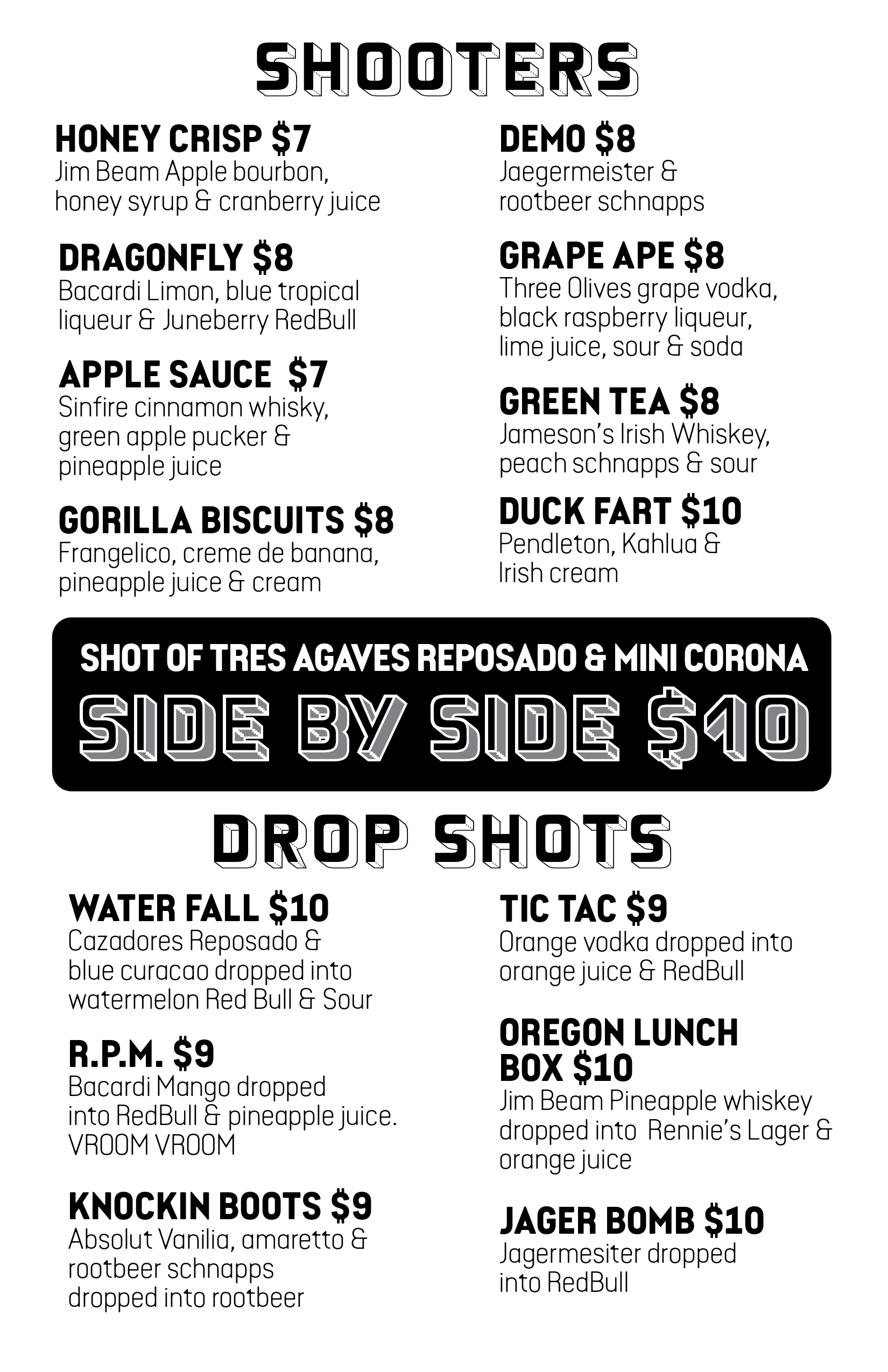 rennie's landing shooters and drop shots menu