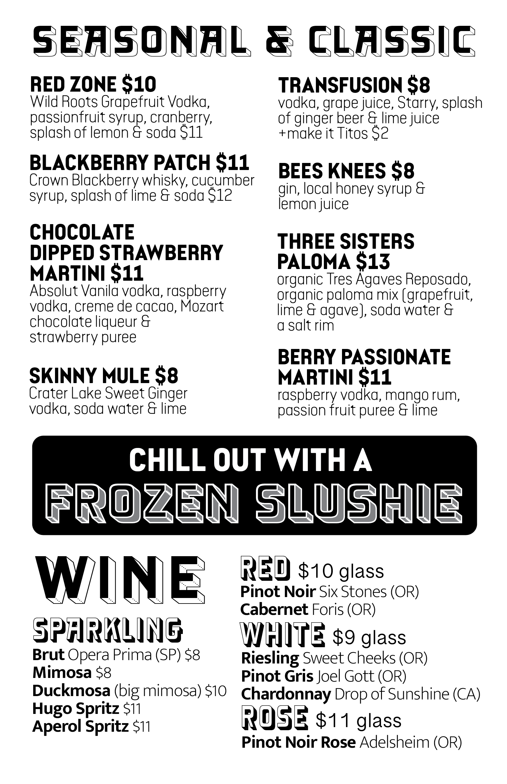 Rennie's Landing Seasonal, Classic, Frozen Slushee and Wine Menu