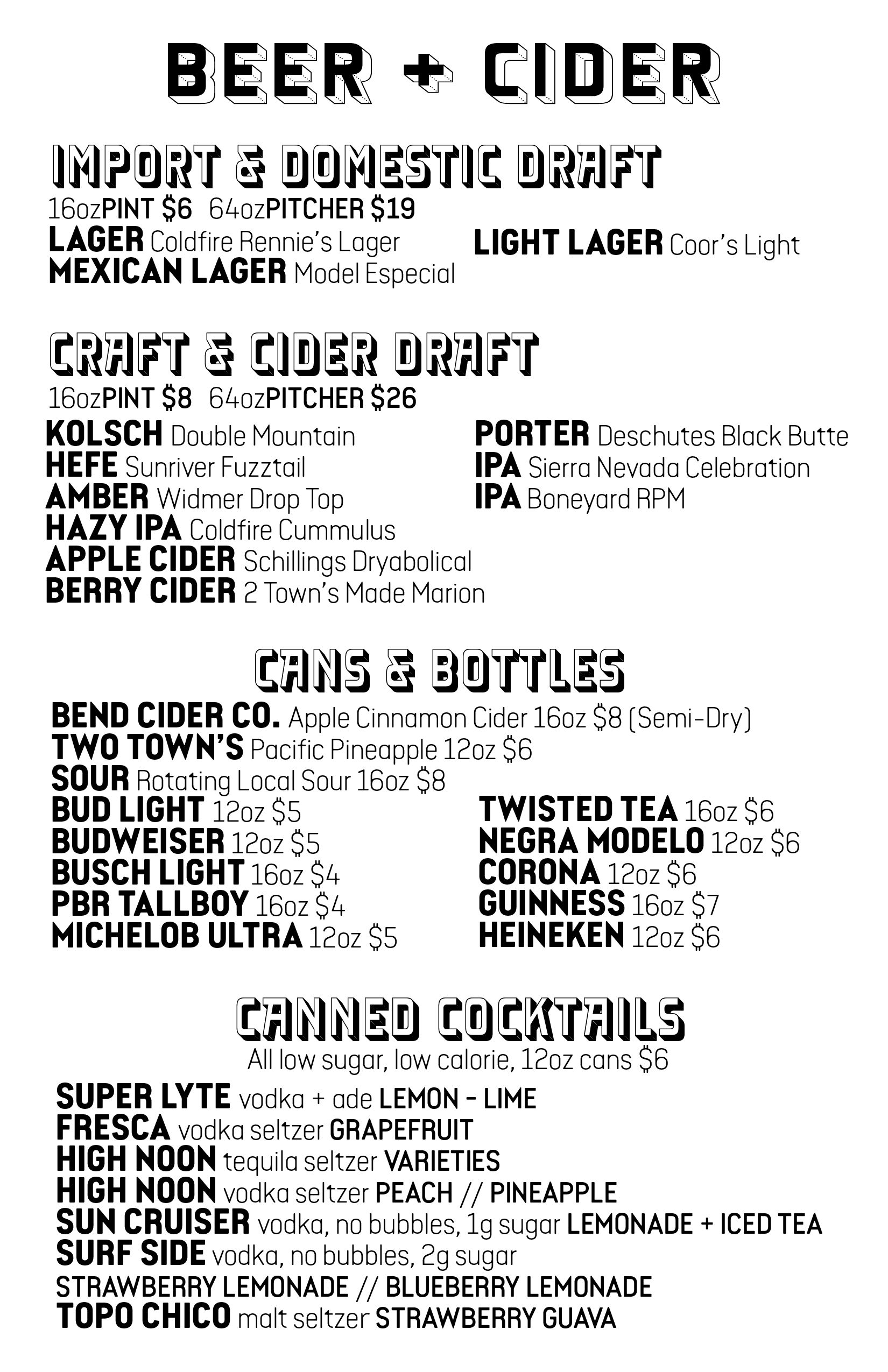 rennie's landing beer and cider menu