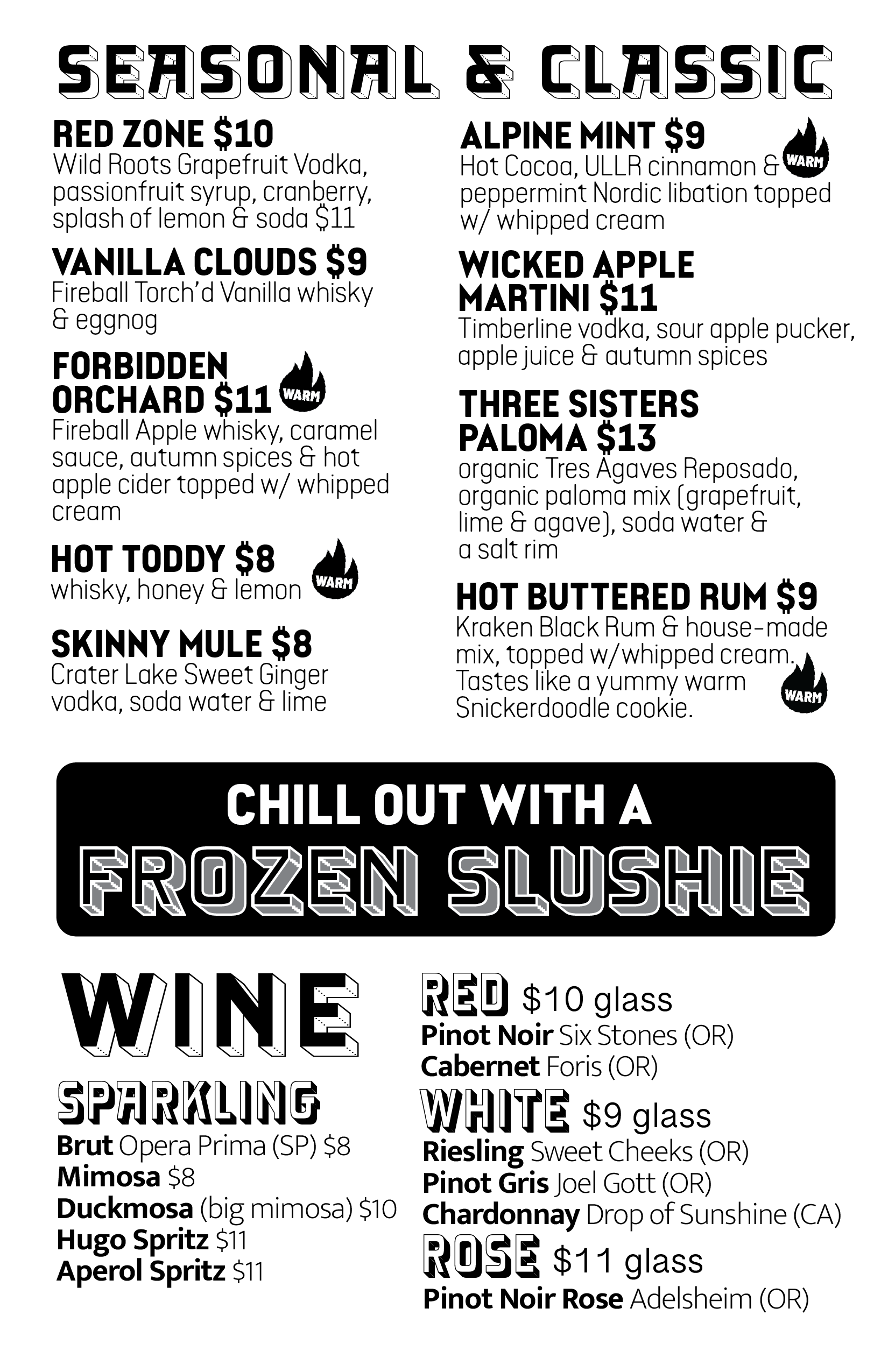 rennie's landing seasonal, classic, slushies and wine menu