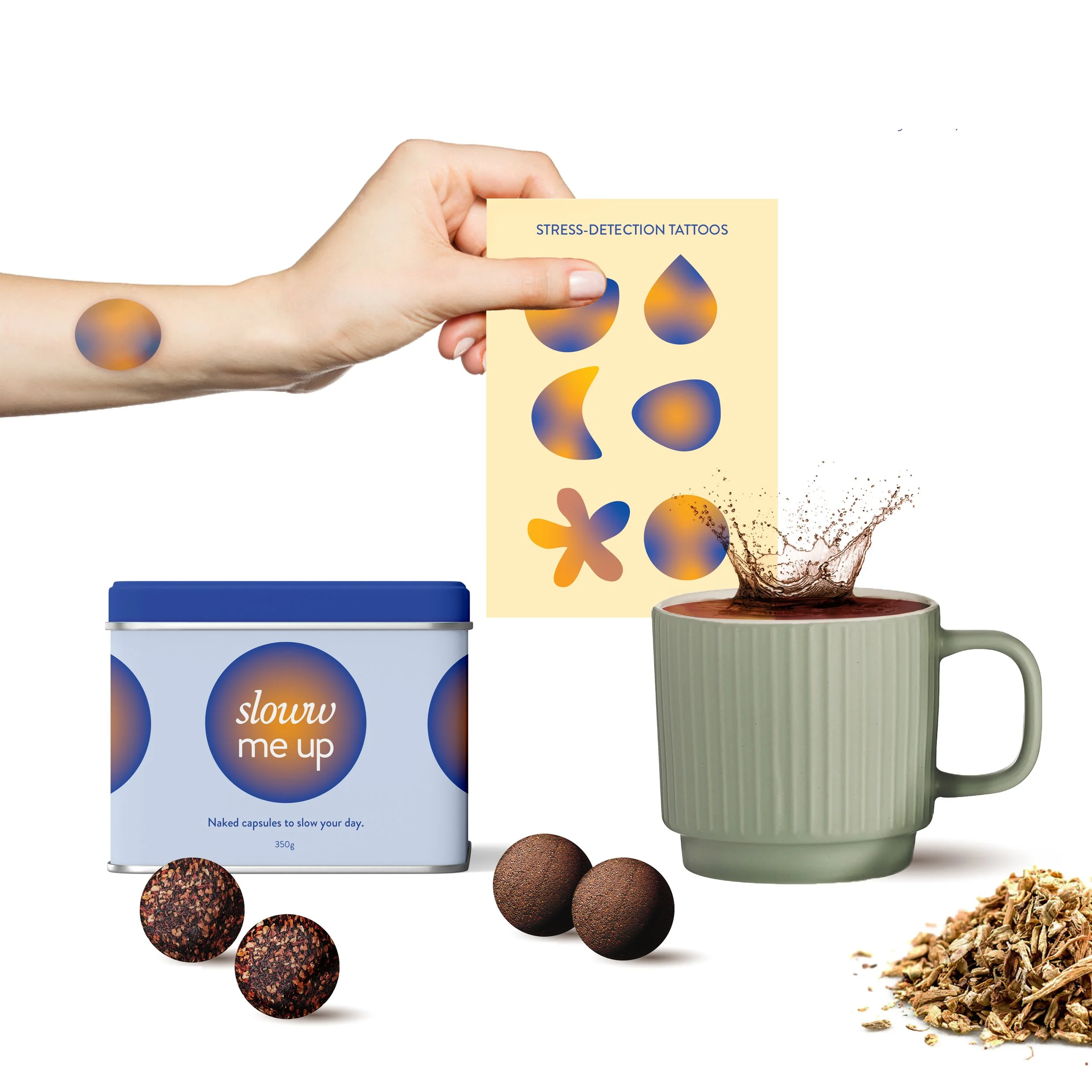 Various items related to stress detection and relaxation, including stress tattoos, a mug of coffee with splash, a container labeled "sloww me up," and loose tea leaves.