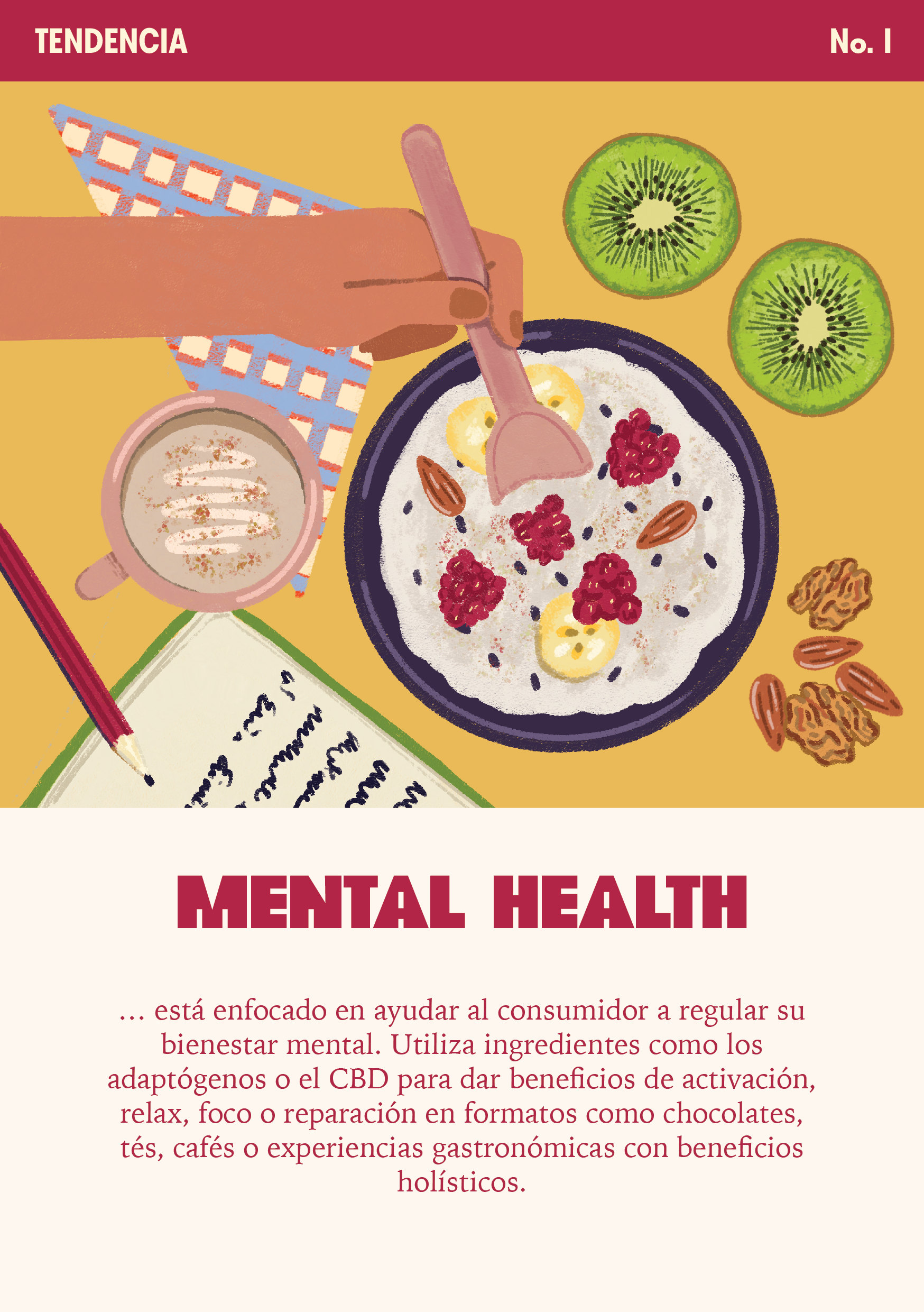 Flat illustration of a breakfast scene with a hand stirring a bowl of yogurt with fruit, a cup of coffee, two slices of kiwi, banana slices in the yogurt, nuts, and handwritten notes, all on a yellow background with Spanish text.