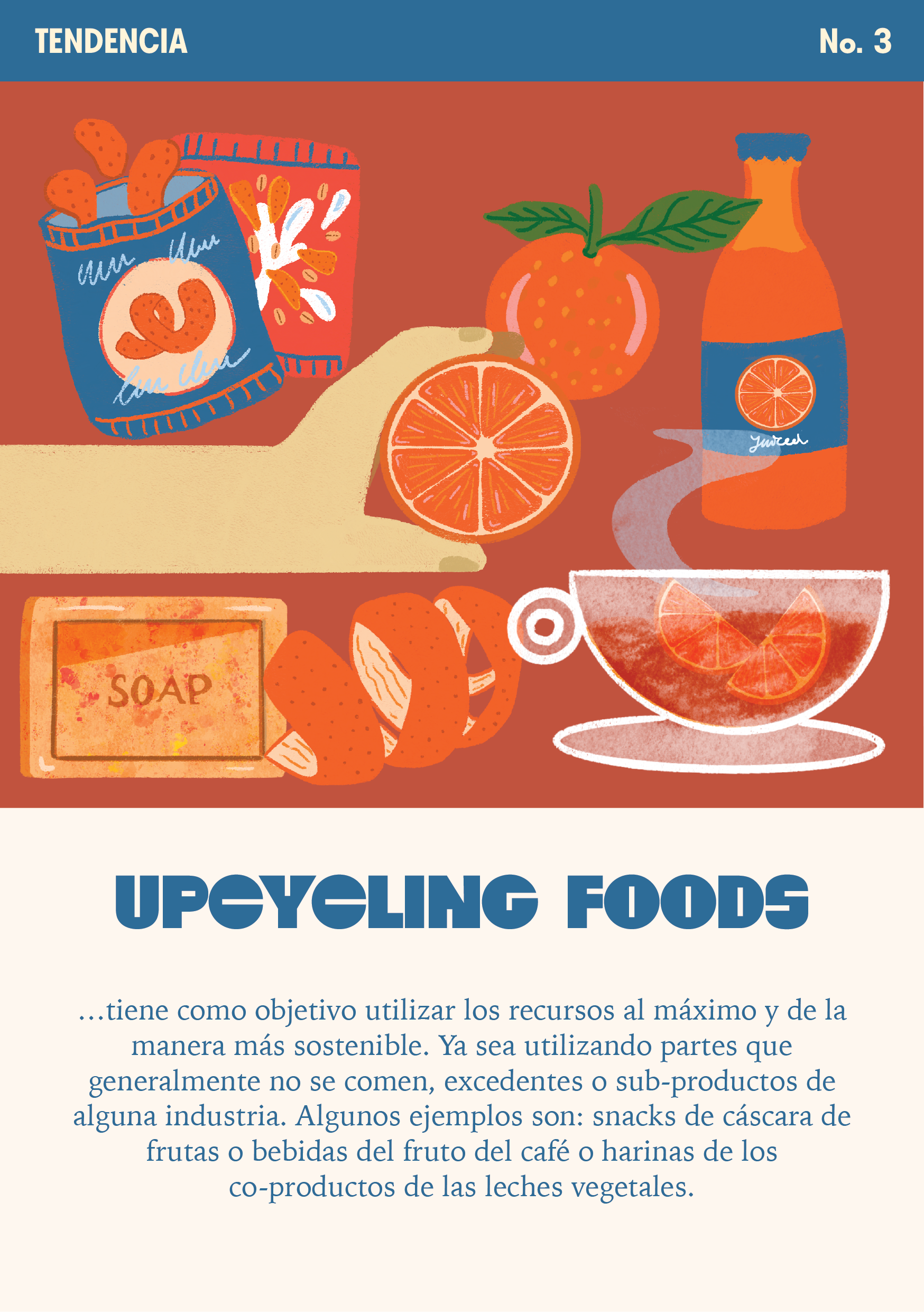 Illustration of upcycling foods with items like canned shrimp, an orange, orange juice, soap, and orange slices in a bowl, emphasizing sustainability and reuse of food products.