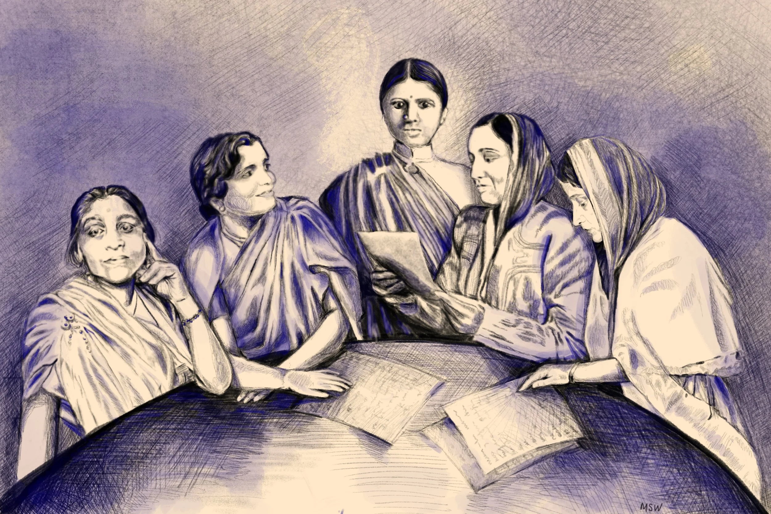 'The other roundtable' (left to right, Sarojini Naidu, Radhabai Subbarayon, Muthulakshmi Reddi, Jahanara Shahnawaz, and Amrit Kaur) / digital, for JHI Blog retrospective 'Universal Rights and the Specters of Indian Feminism' / September 7, 2026