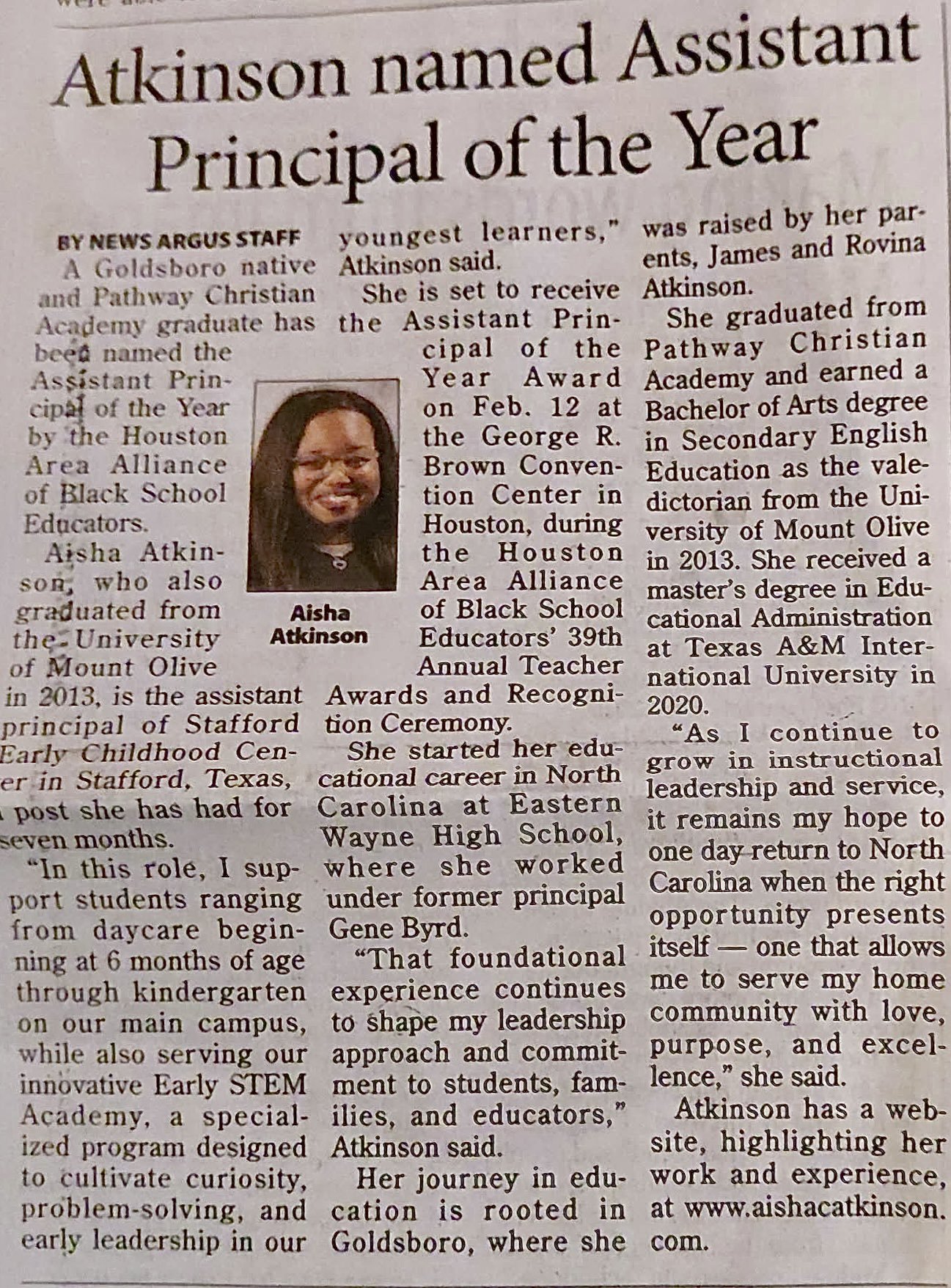 Goldsboro News Argus: Atkinson named Assistant Principal of the Year 