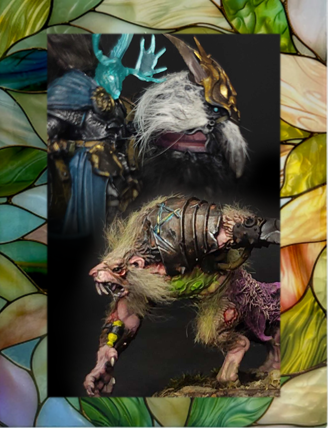 Skaventide miniatures showing true grim dark techniques, using real fur, transparent resins with special painted lighting effects in a stained glass frame